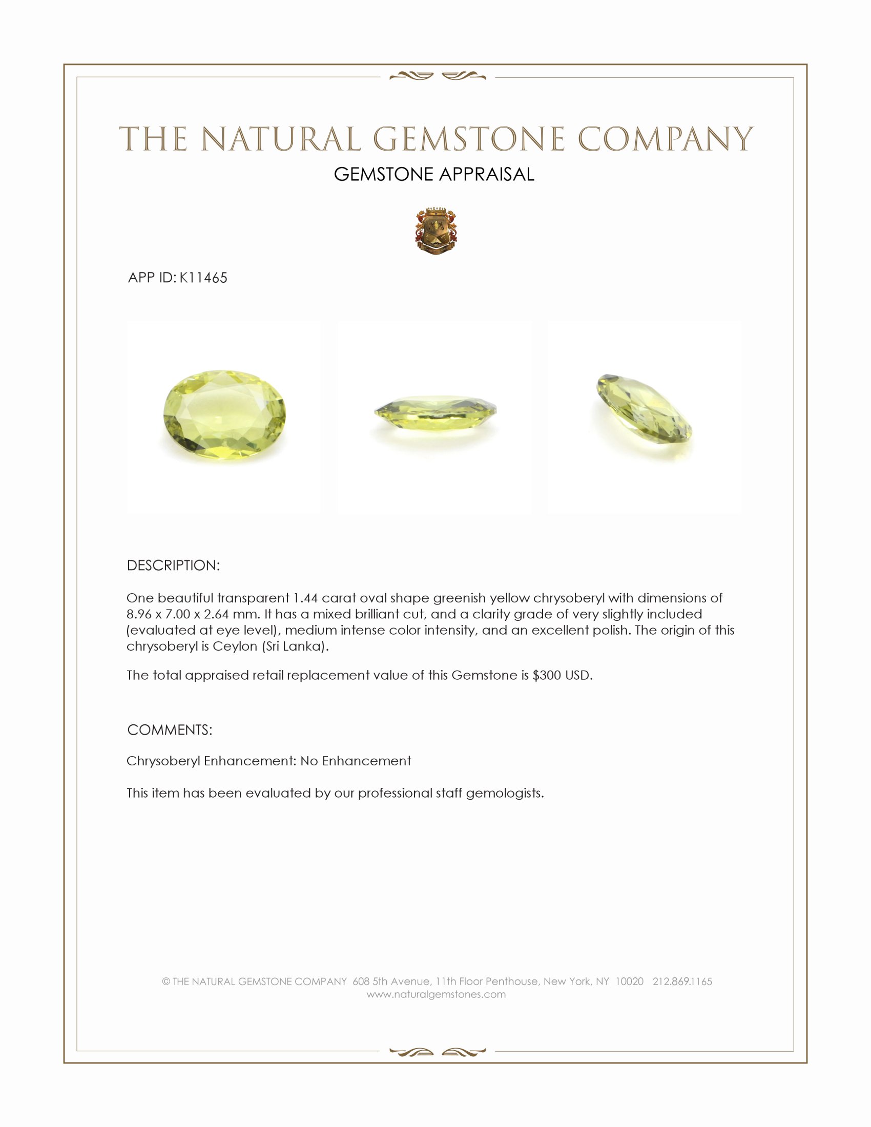 1.44 Ct. Chrysoberyl from Ceylon (Sri Lanka)