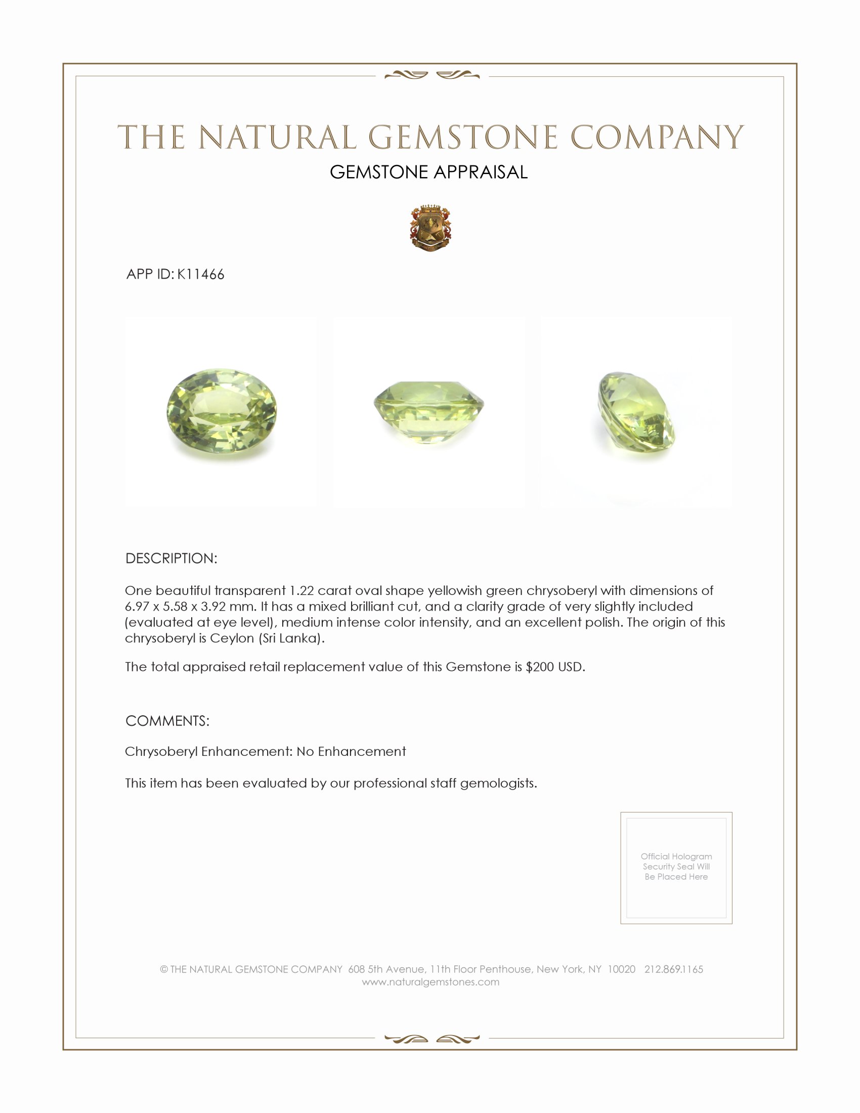 1.22 Ct. Chrysoberyl from Ceylon (Sri Lanka)