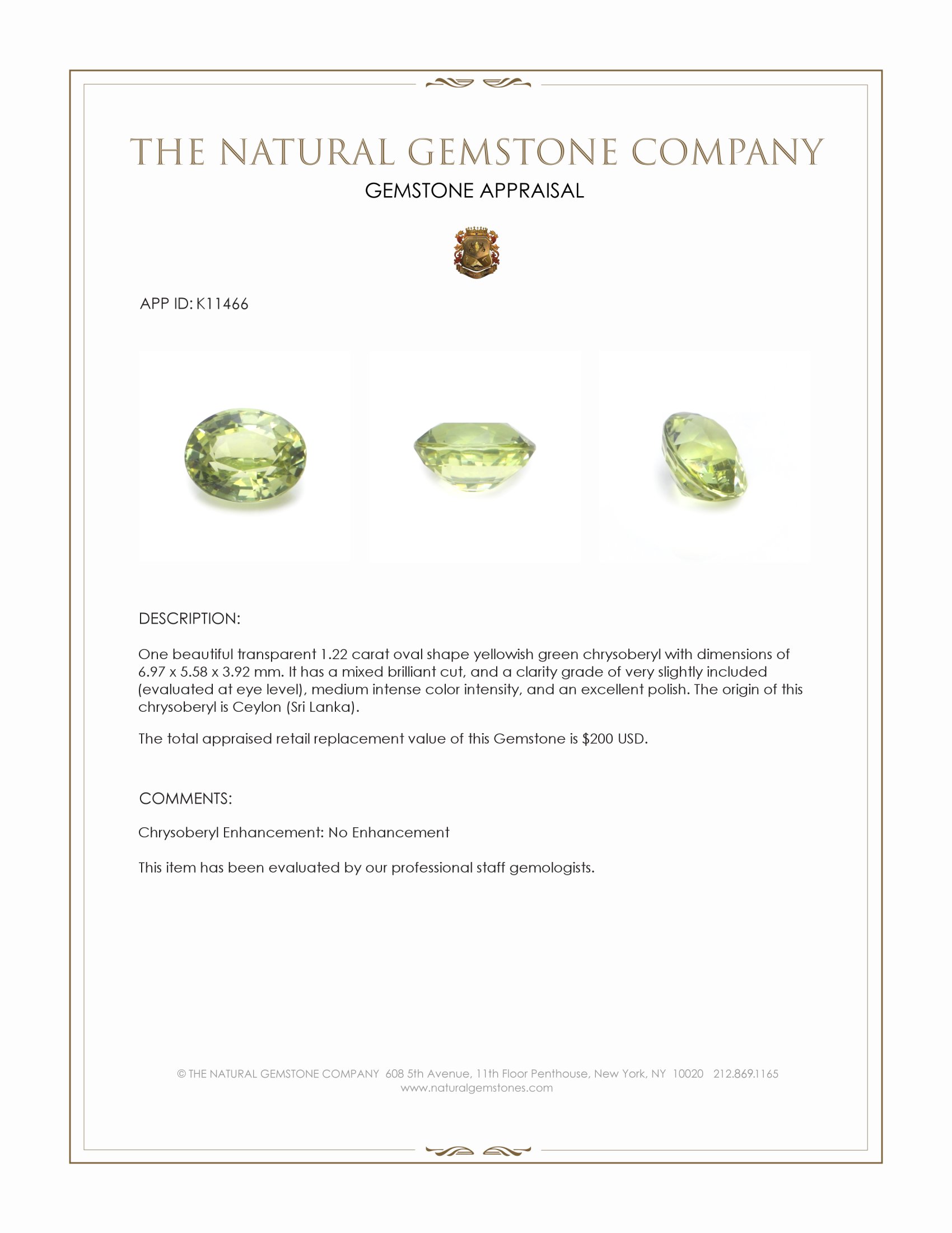1.22 Ct. Chrysoberyl from Ceylon (Sri Lanka)