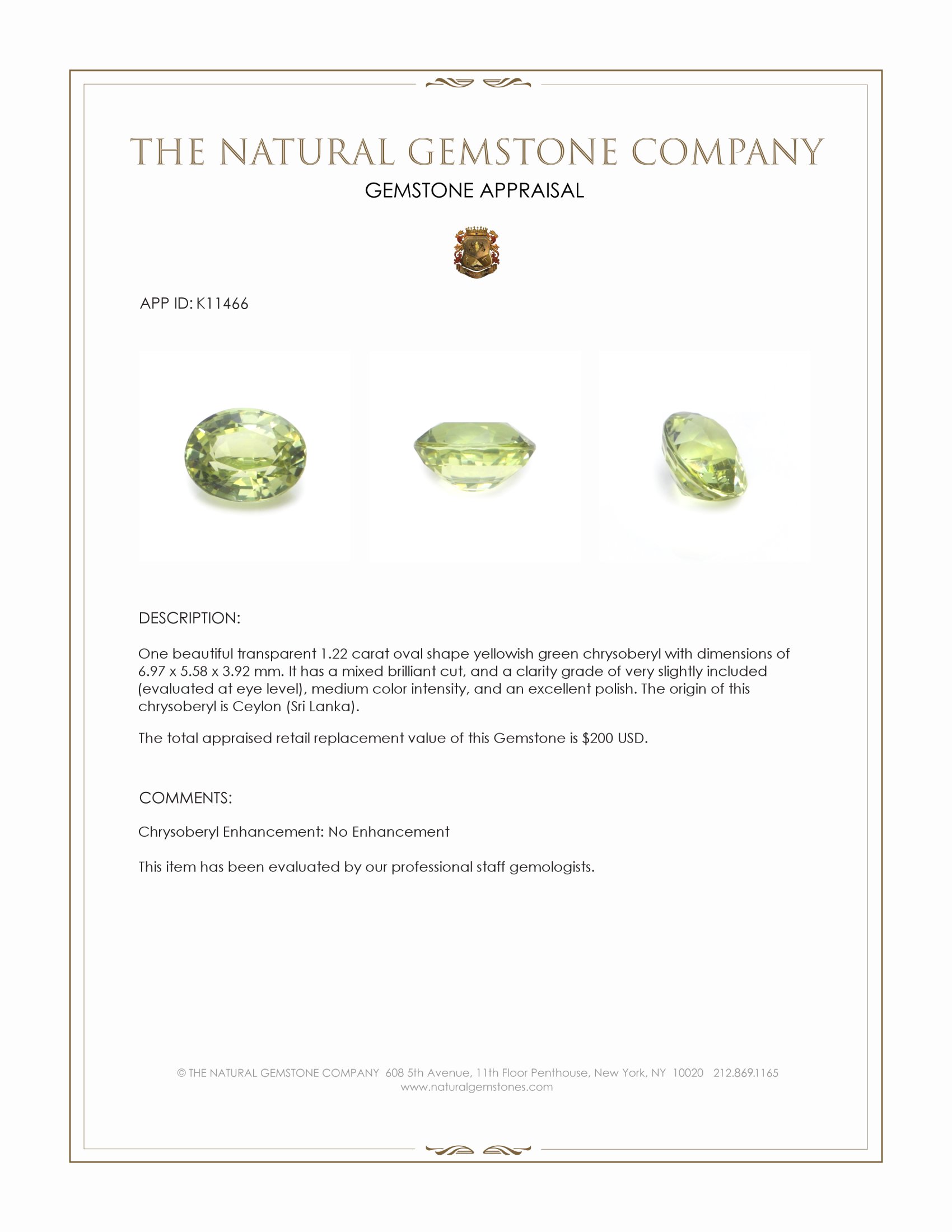 1.22 Ct. Chrysoberyl from Ceylon (Sri Lanka)