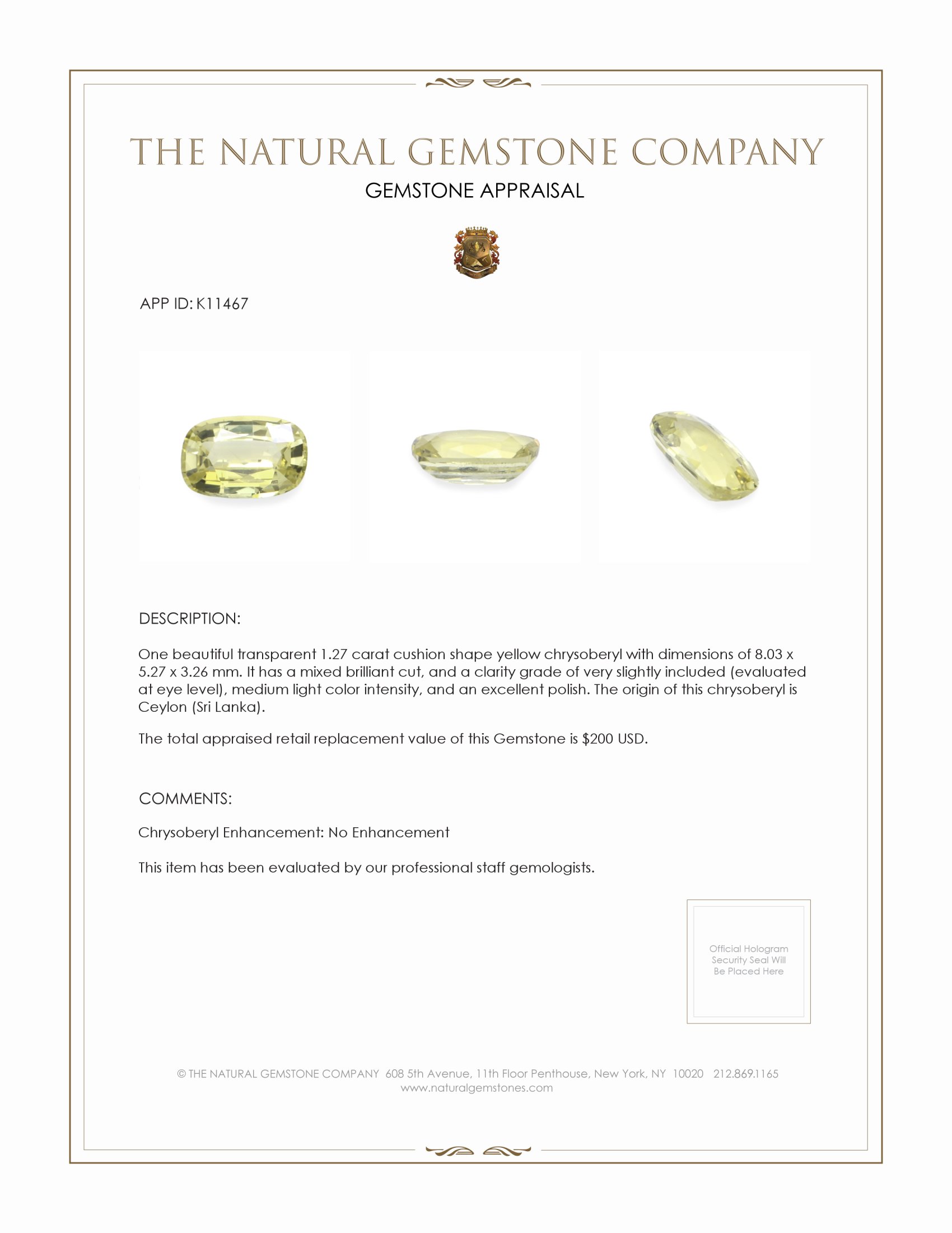 1.27 Ct. Yellow Chrysoberyl from Ceylon (Sri Lanka)