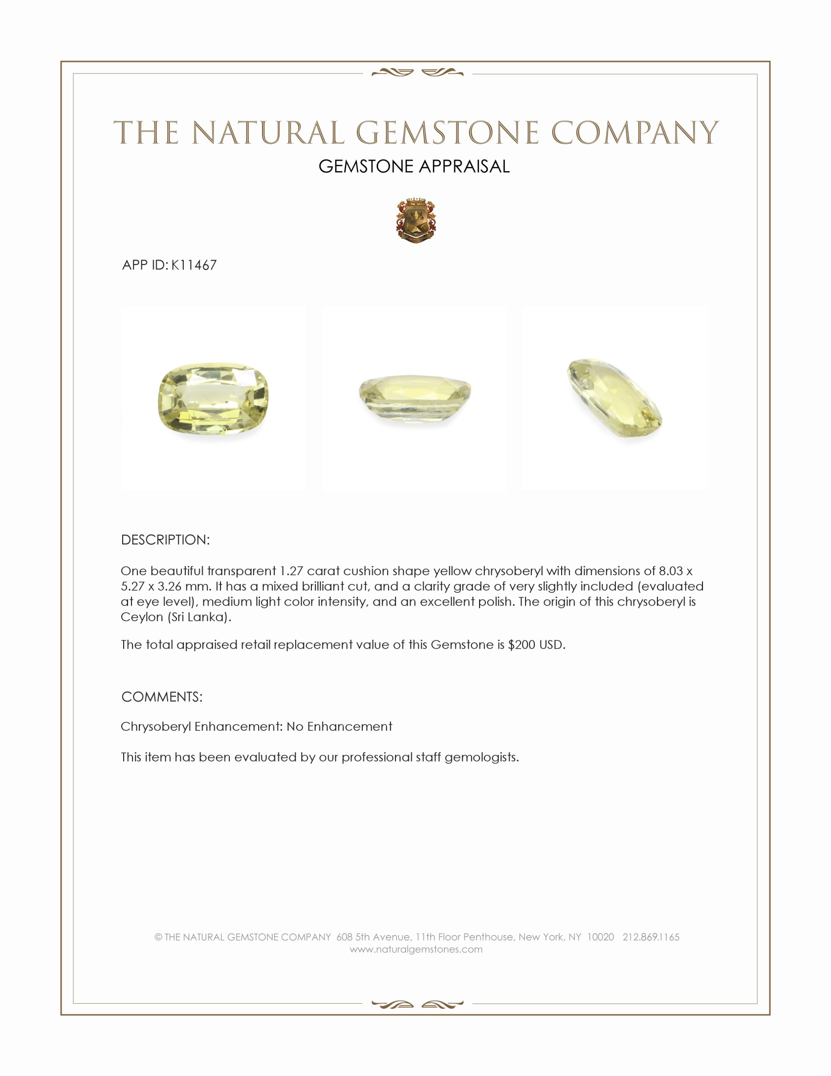1.27 Ct. Chrysoberyl from Ceylon (Sri Lanka)