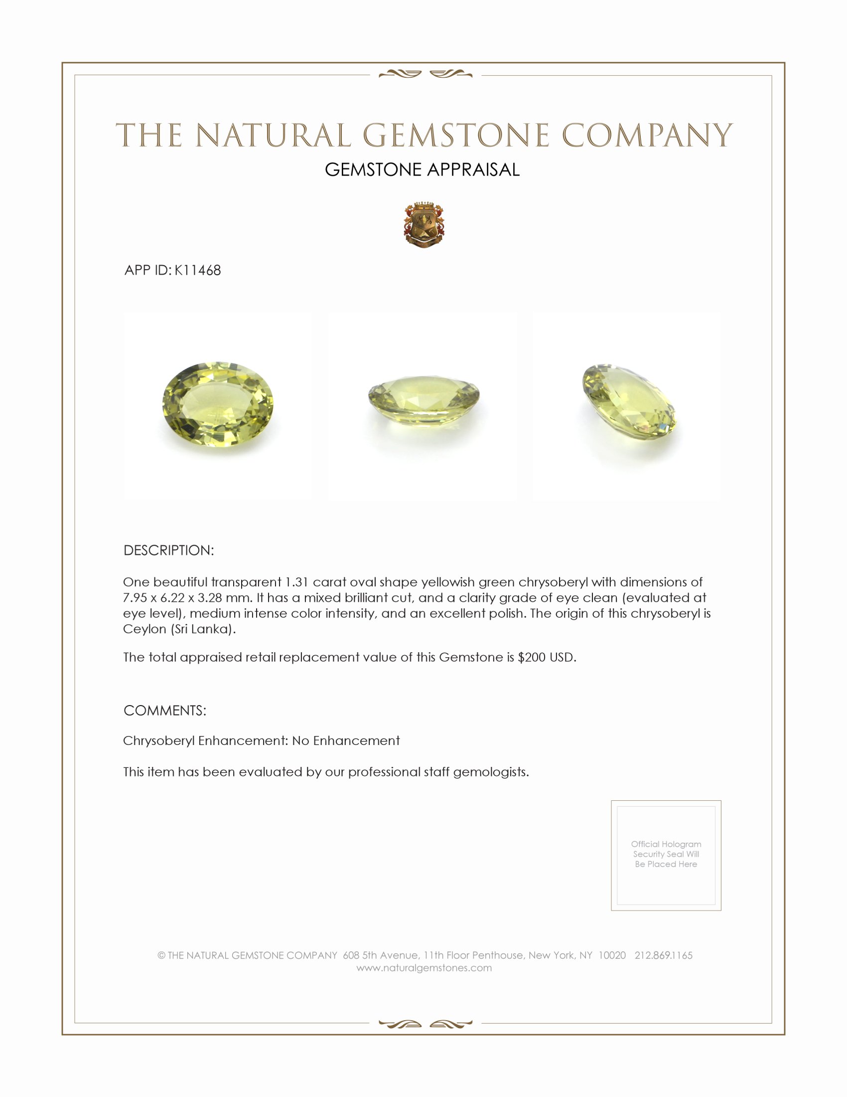 1.31 Ct. Chrysoberyl from Ceylon (Sri Lanka)