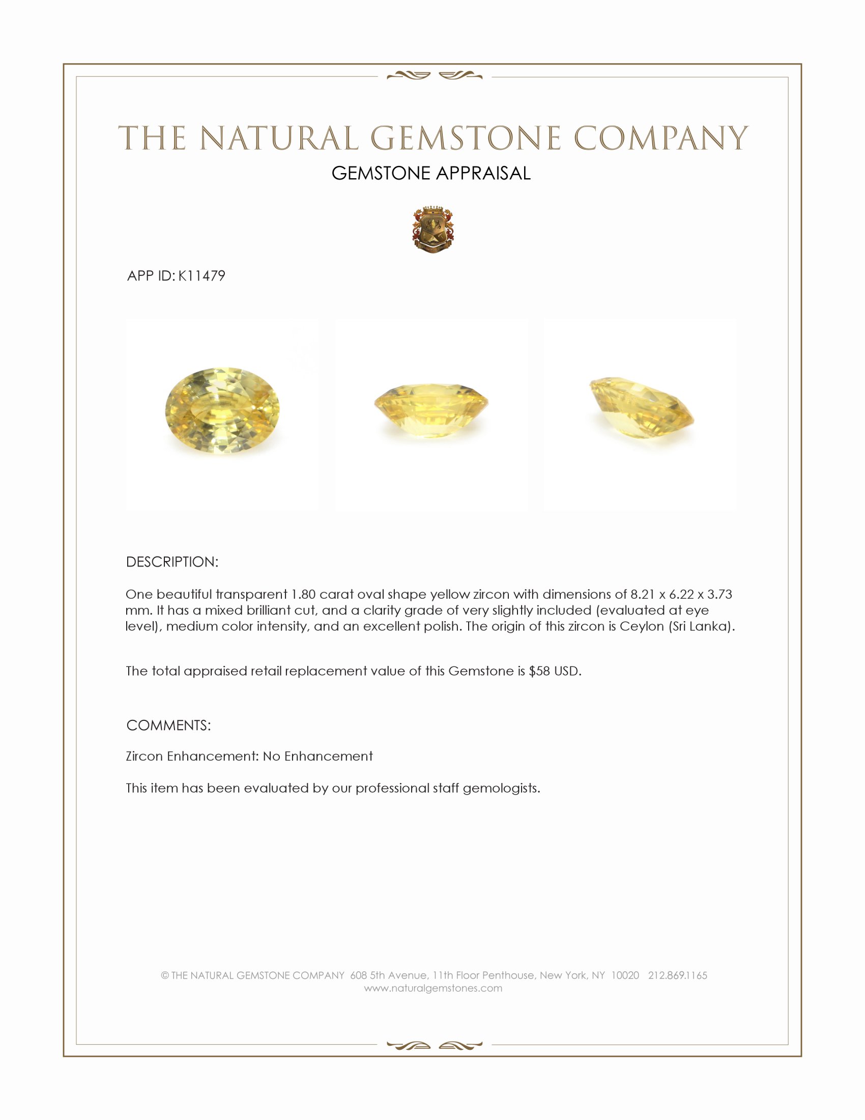1.80 Ct. Yellow Zircon from Ceylon (Sri Lanka)
