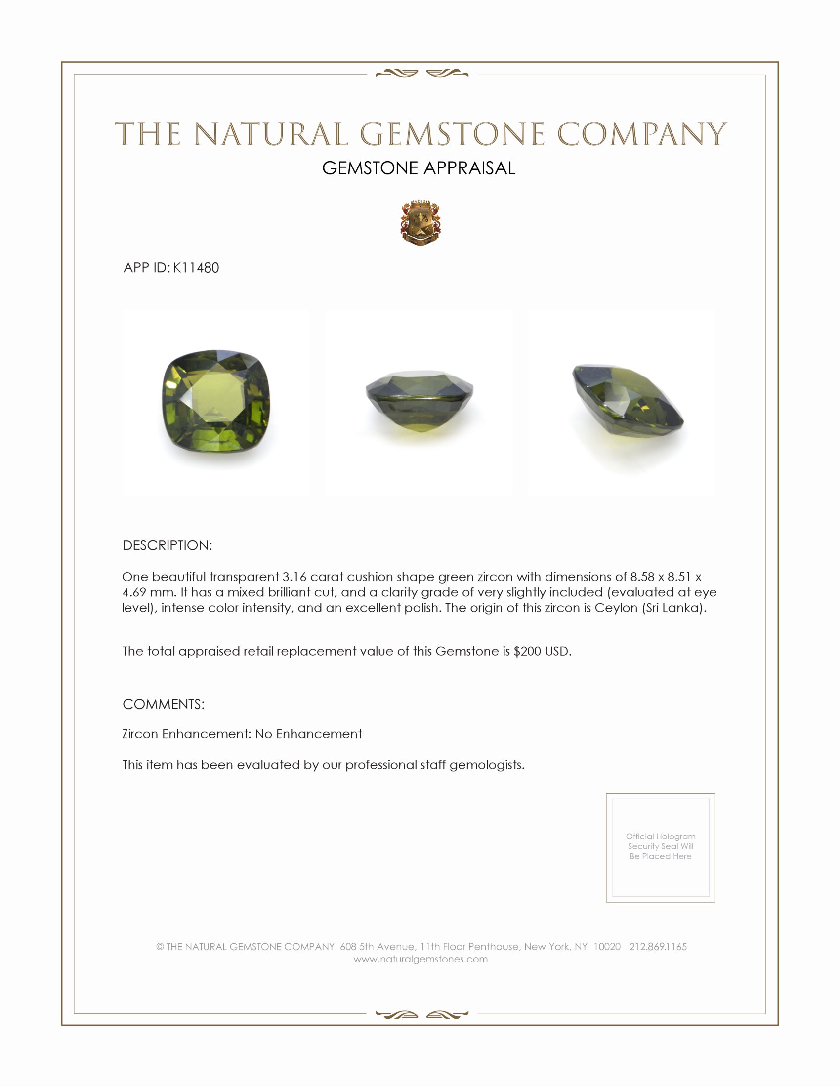 3.16 Ct. Green Zircon from Ceylon (Sri Lanka)