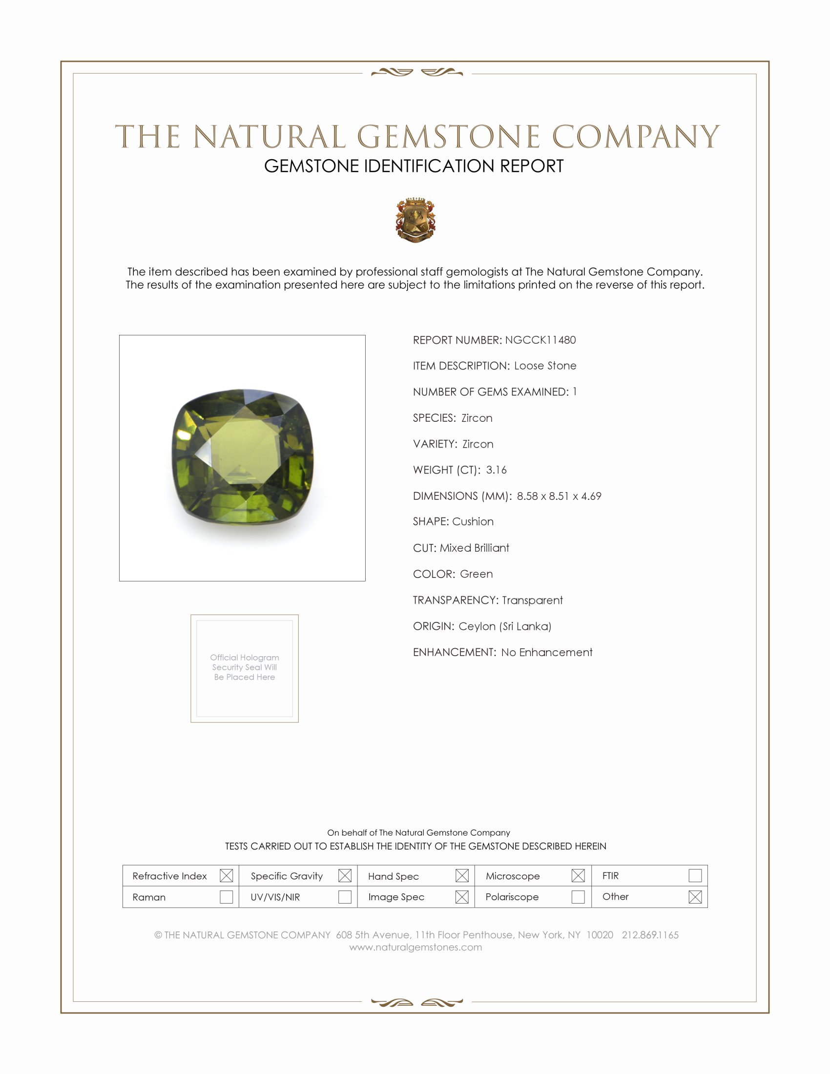 3.16 Ct. Green Zircon from Ceylon (Sri Lanka)