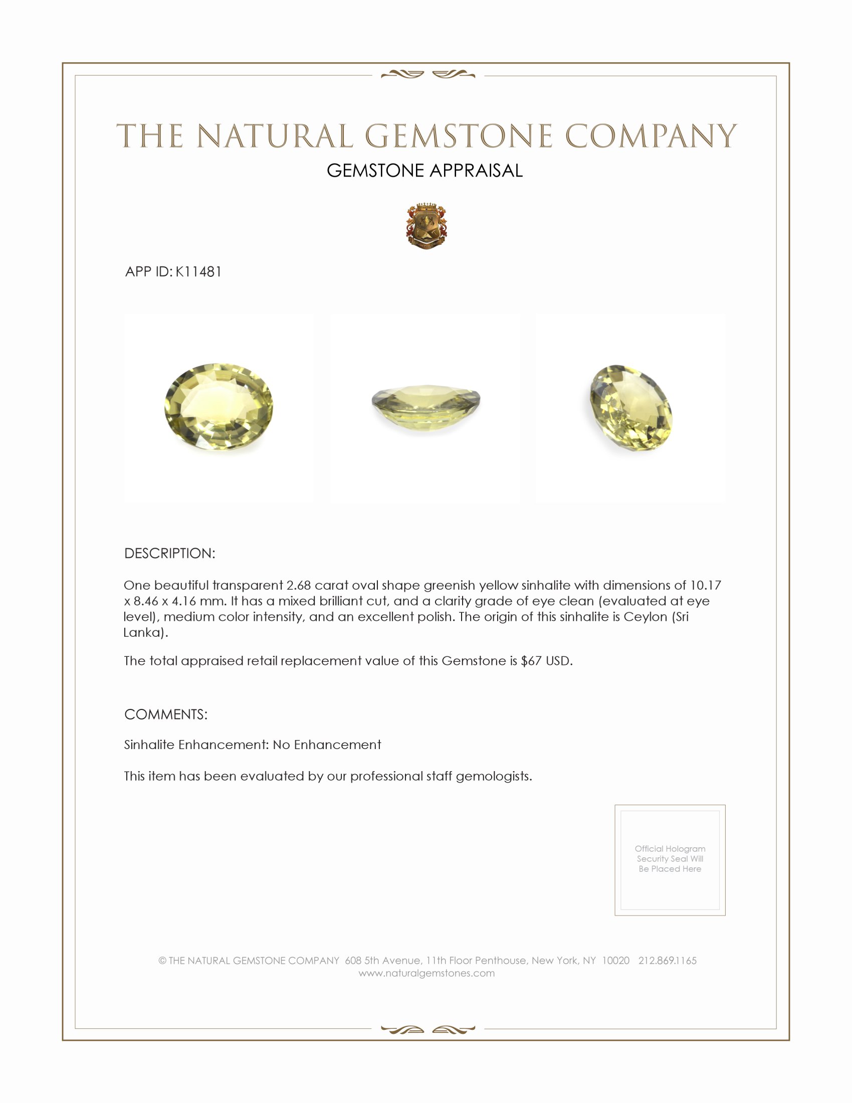 2.68 Ct. Sinhalite from Ceylon (Sri Lanka)