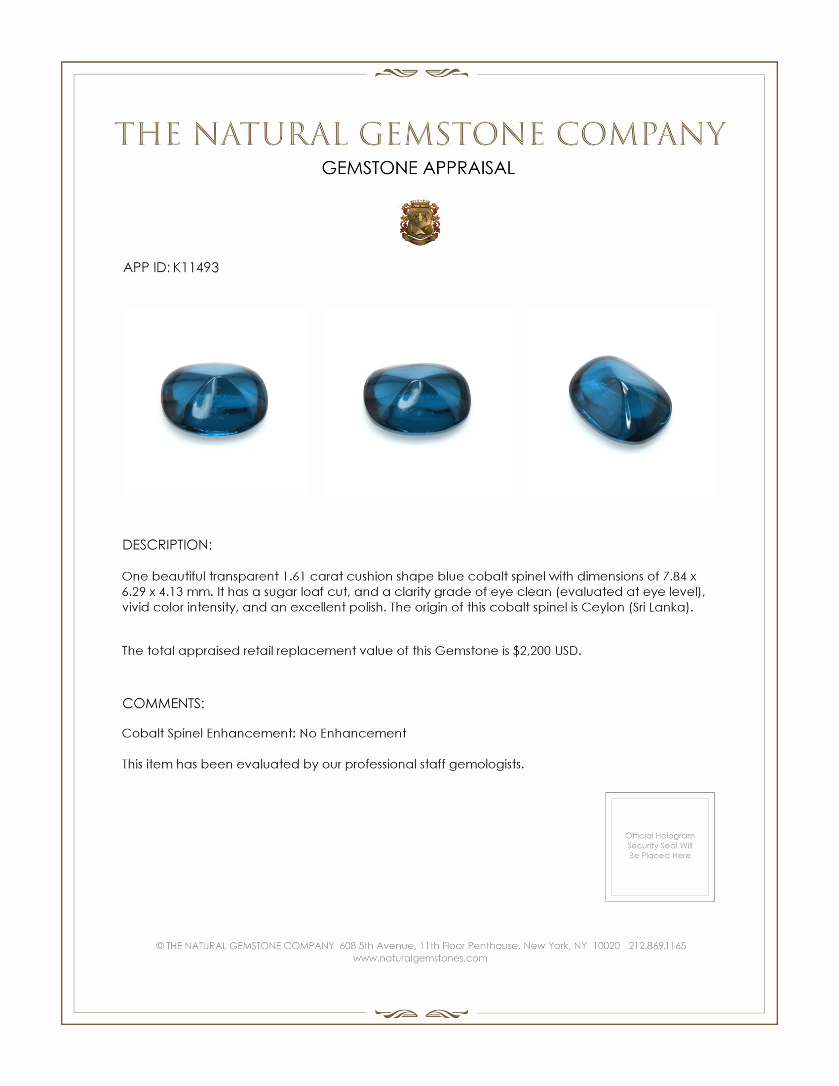 1.61 Ct. Cabochon Cobalt Spinel from Ceylon (Sri Lanka)