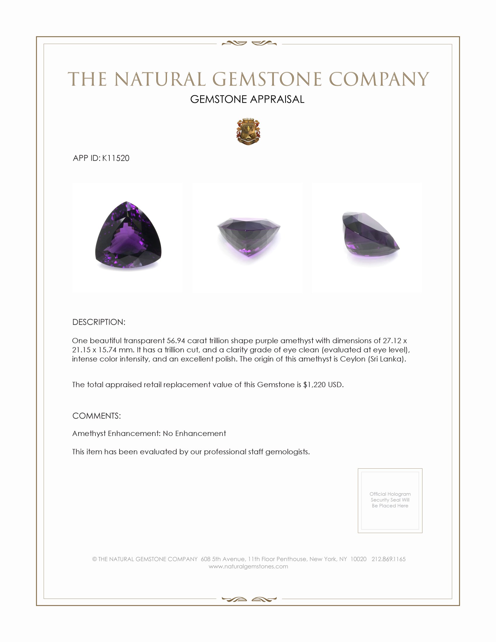 56.94 Ct. Amethyst from Ceylon (Sri Lanka)