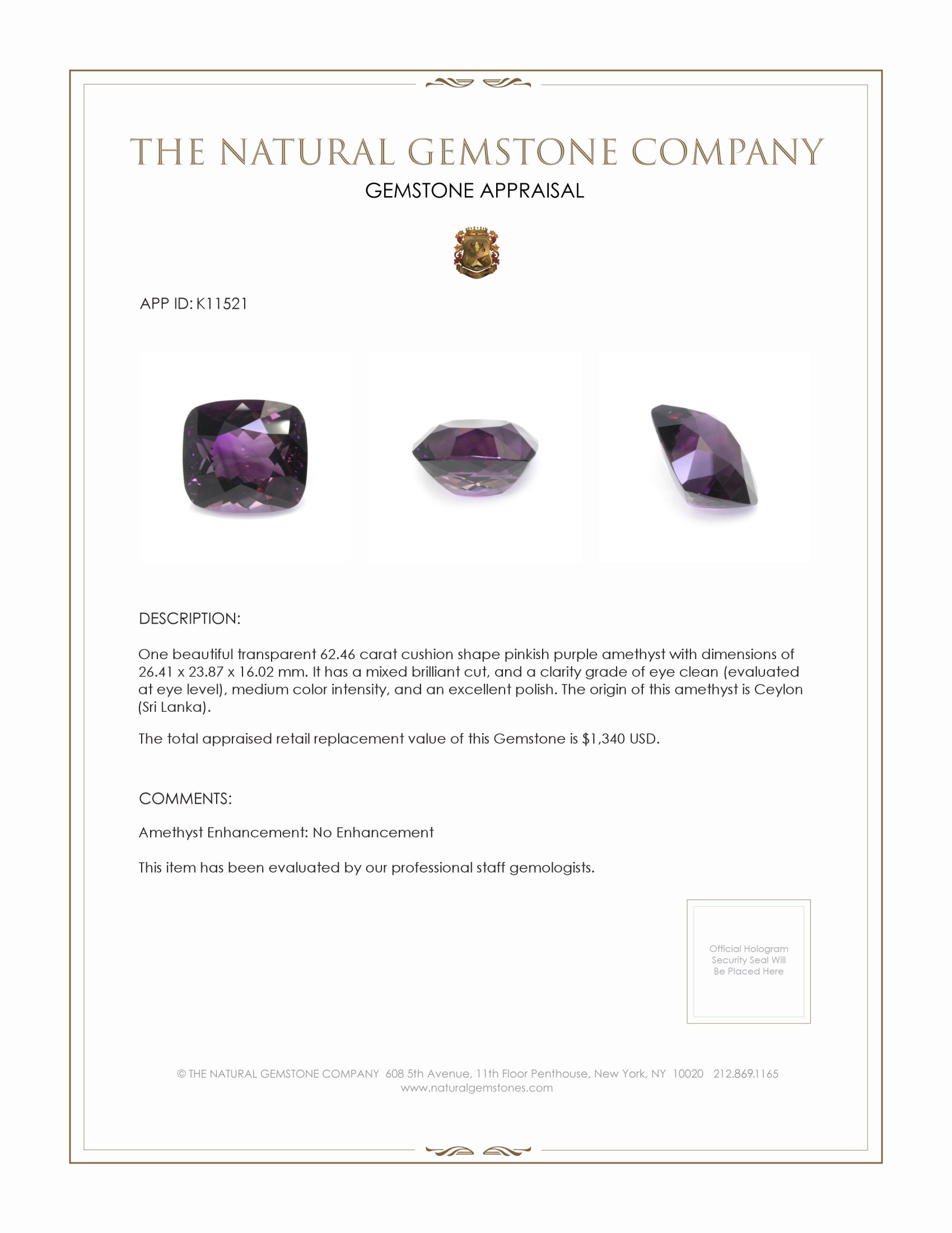 62.46 Ct. Amethyst from Ceylon (Sri Lanka)