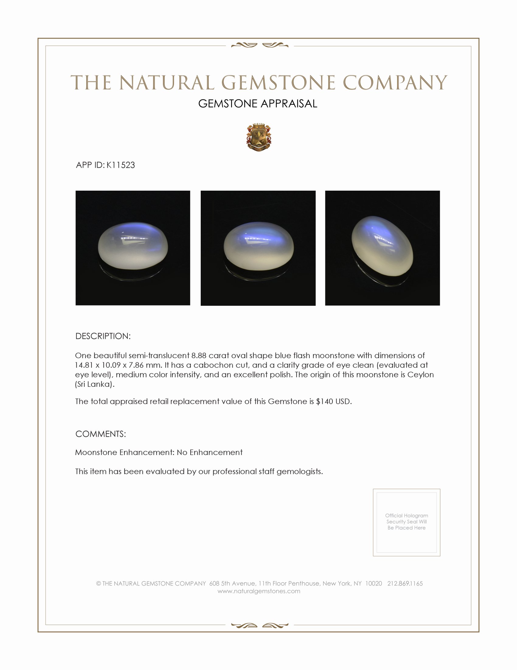 8.88 Ct. Cabochon Moonstone from Ceylon (Sri Lanka)