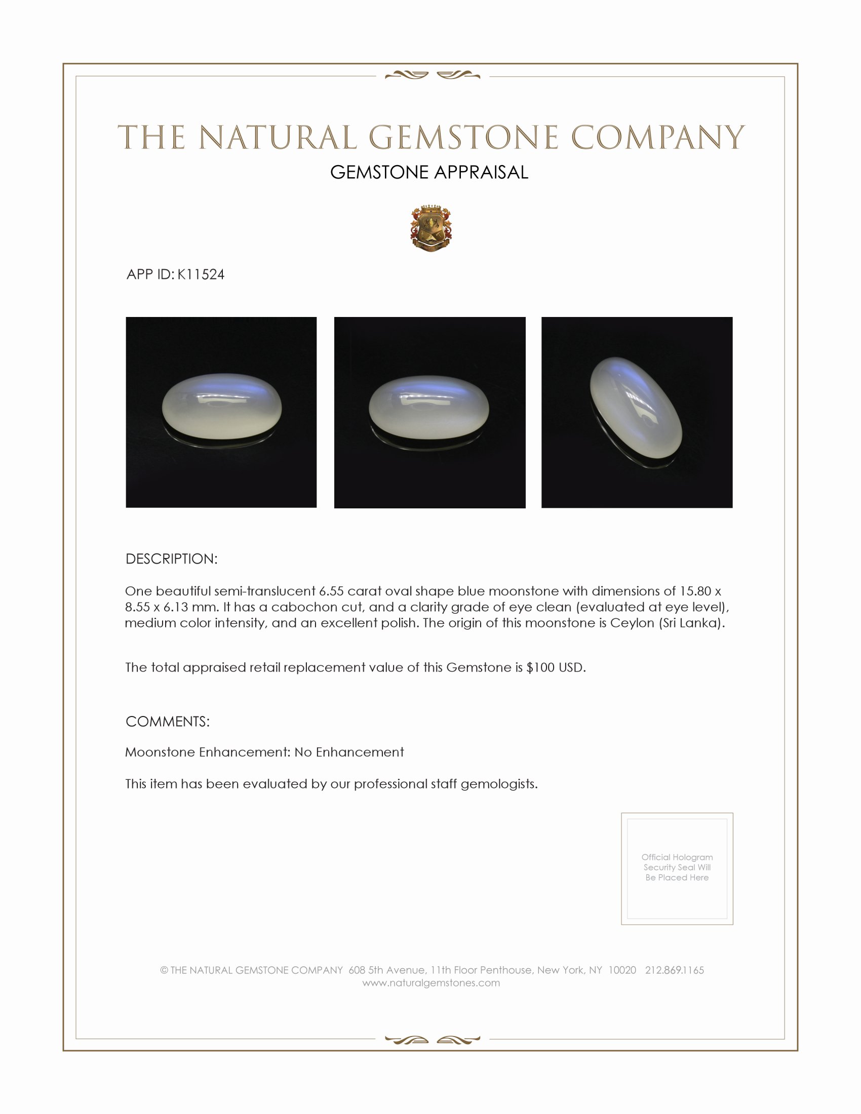 6.55 Ct. Cabochon Moonstone from Ceylon (Sri Lanka)