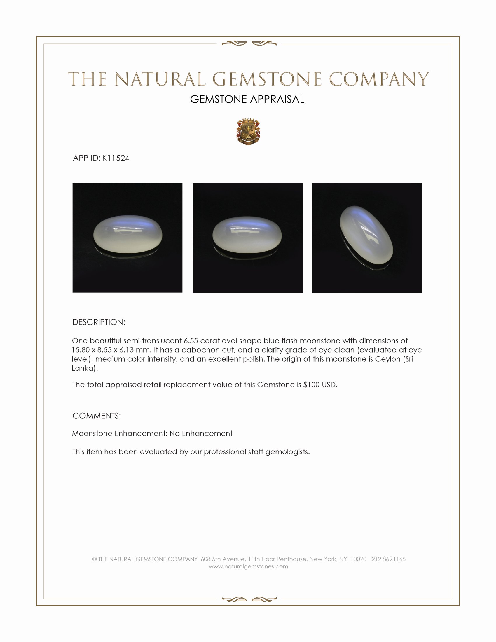 6.55 Ct. Cabochon Moonstone from Ceylon (Sri Lanka)