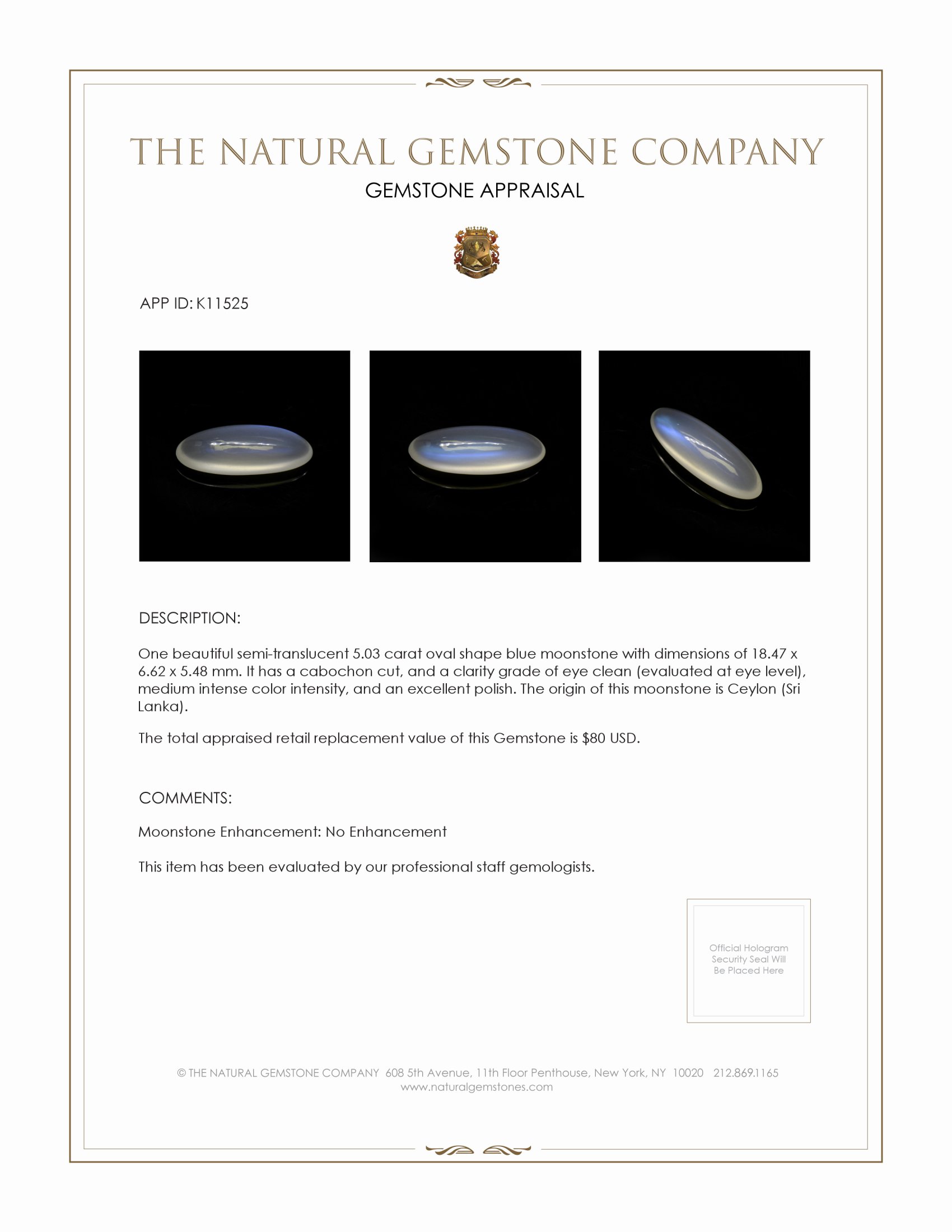 5.03 Ct. Cabochon Moonstone from Ceylon (Sri Lanka)