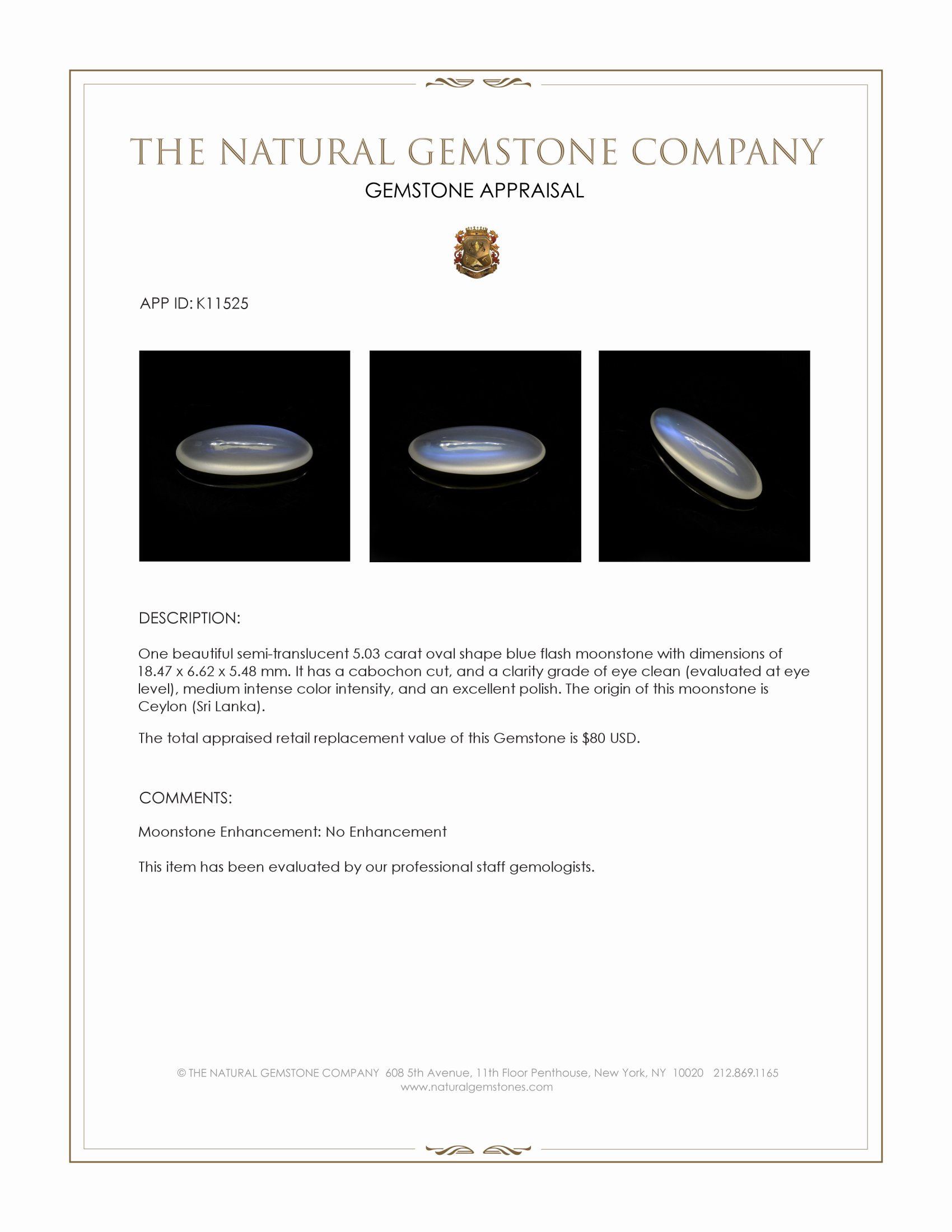 5.03 Ct. Cabochon Moonstone from Ceylon (Sri Lanka)