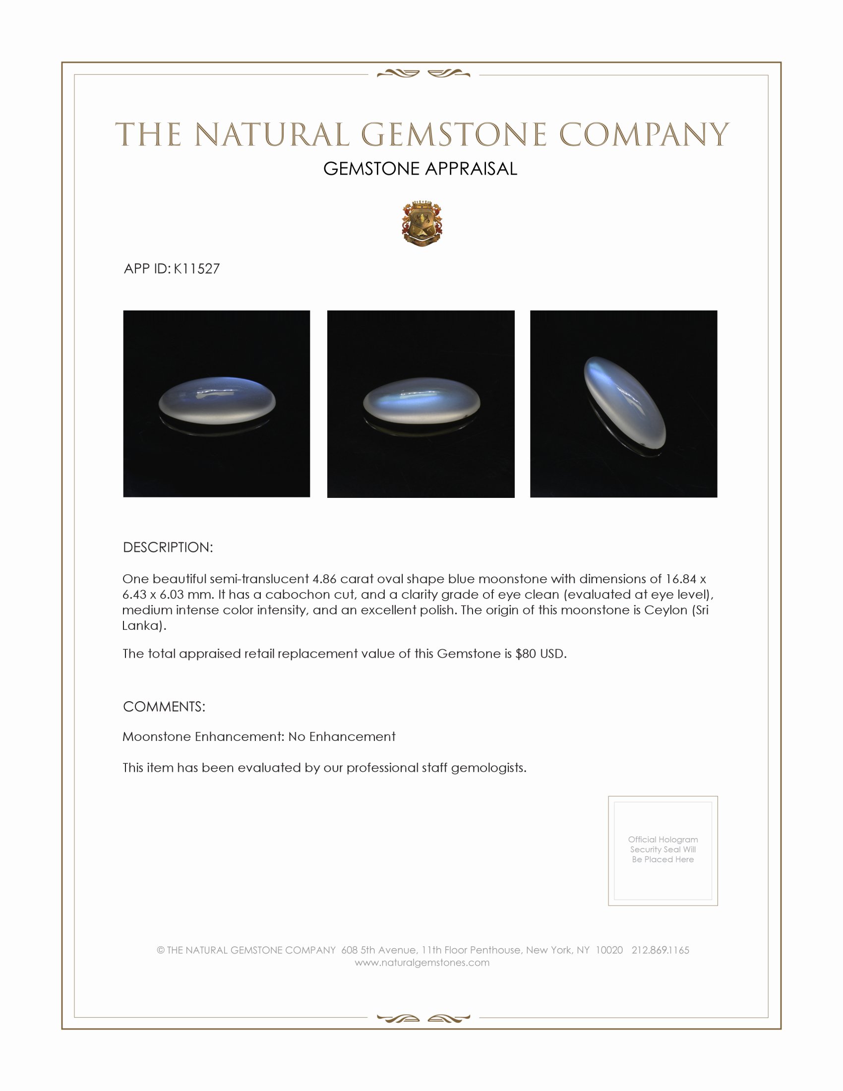 4.86 Ct. Cabochon Moonstone from Ceylon (Sri Lanka)