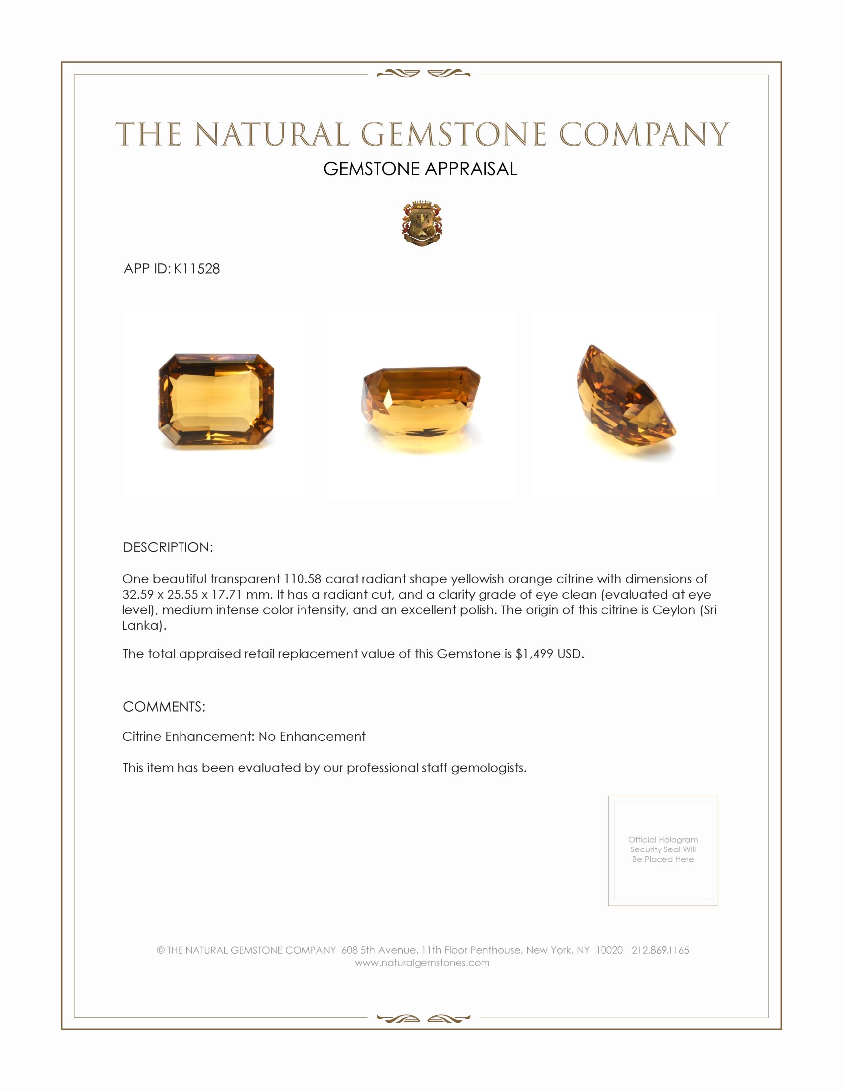110.58 Ct. Citrine from Ceylon (Sri Lanka)