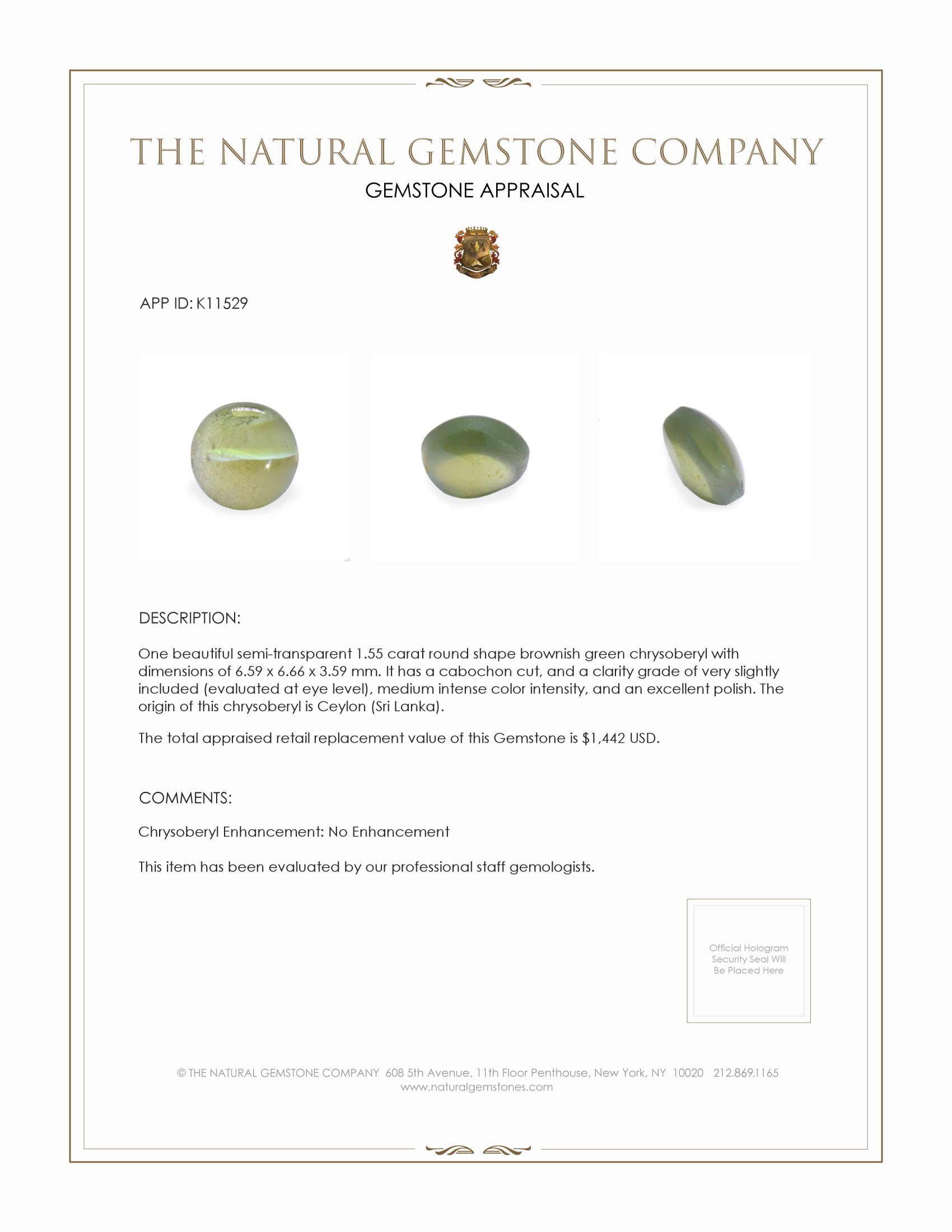 1.55 Ct. Cabochon Chrysoberyl from Ceylon (Sri Lanka)