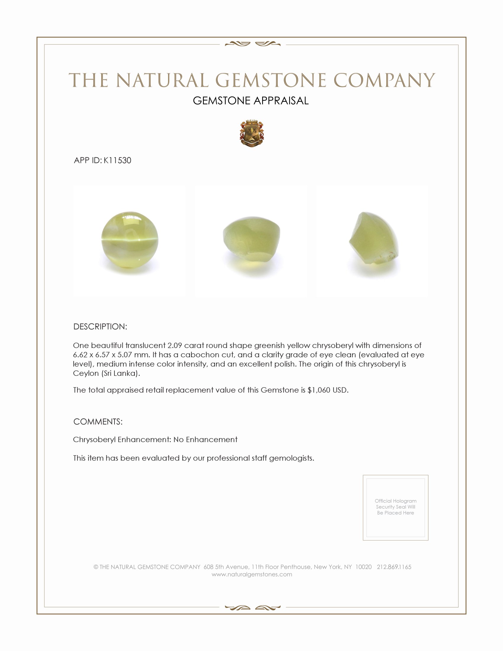 2.09 Ct. Cabochon Chrysoberyl from Ceylon (Sri Lanka)