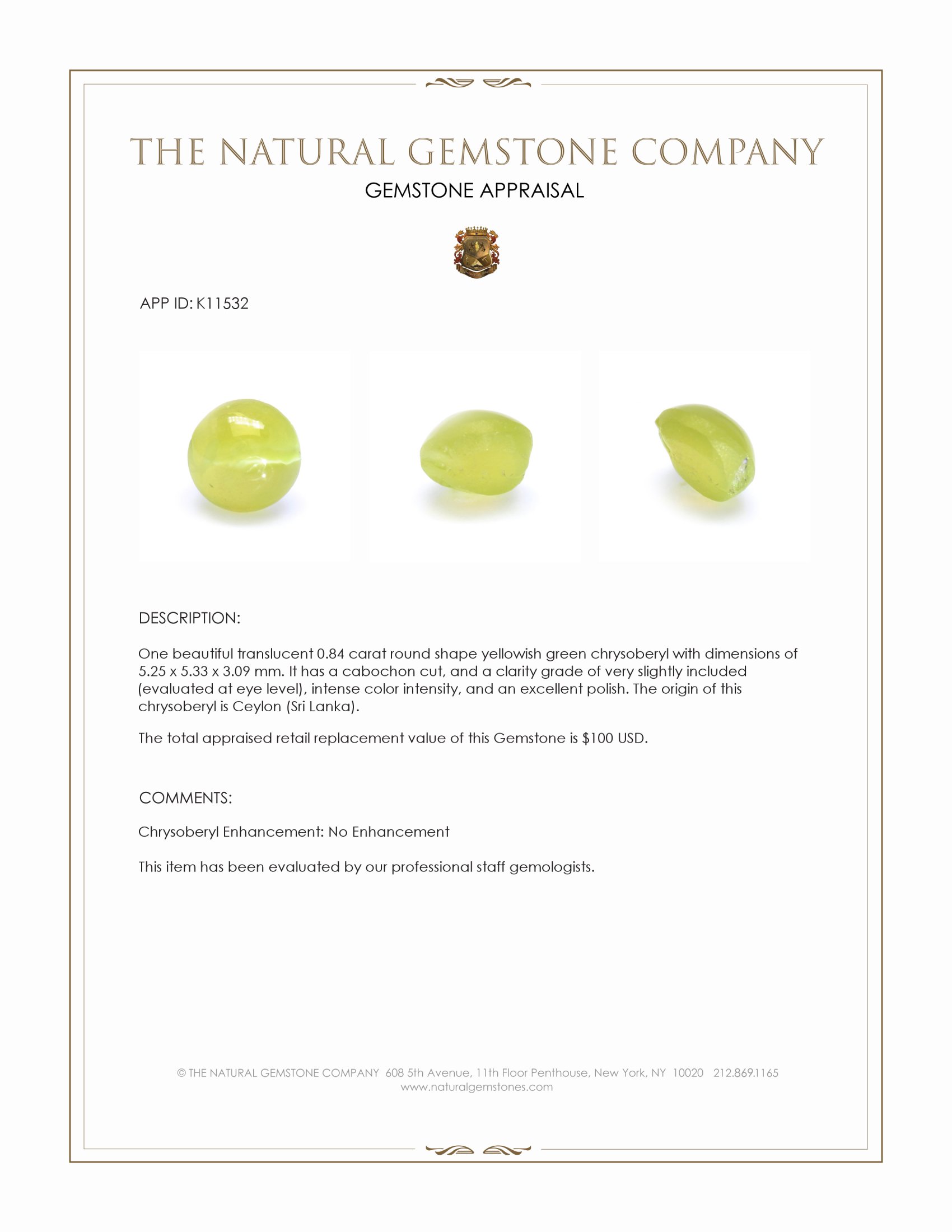 0.84 Ct. Yellowish Green Cabochon Chrysoberyl from Ceylon (Sri Lanka)