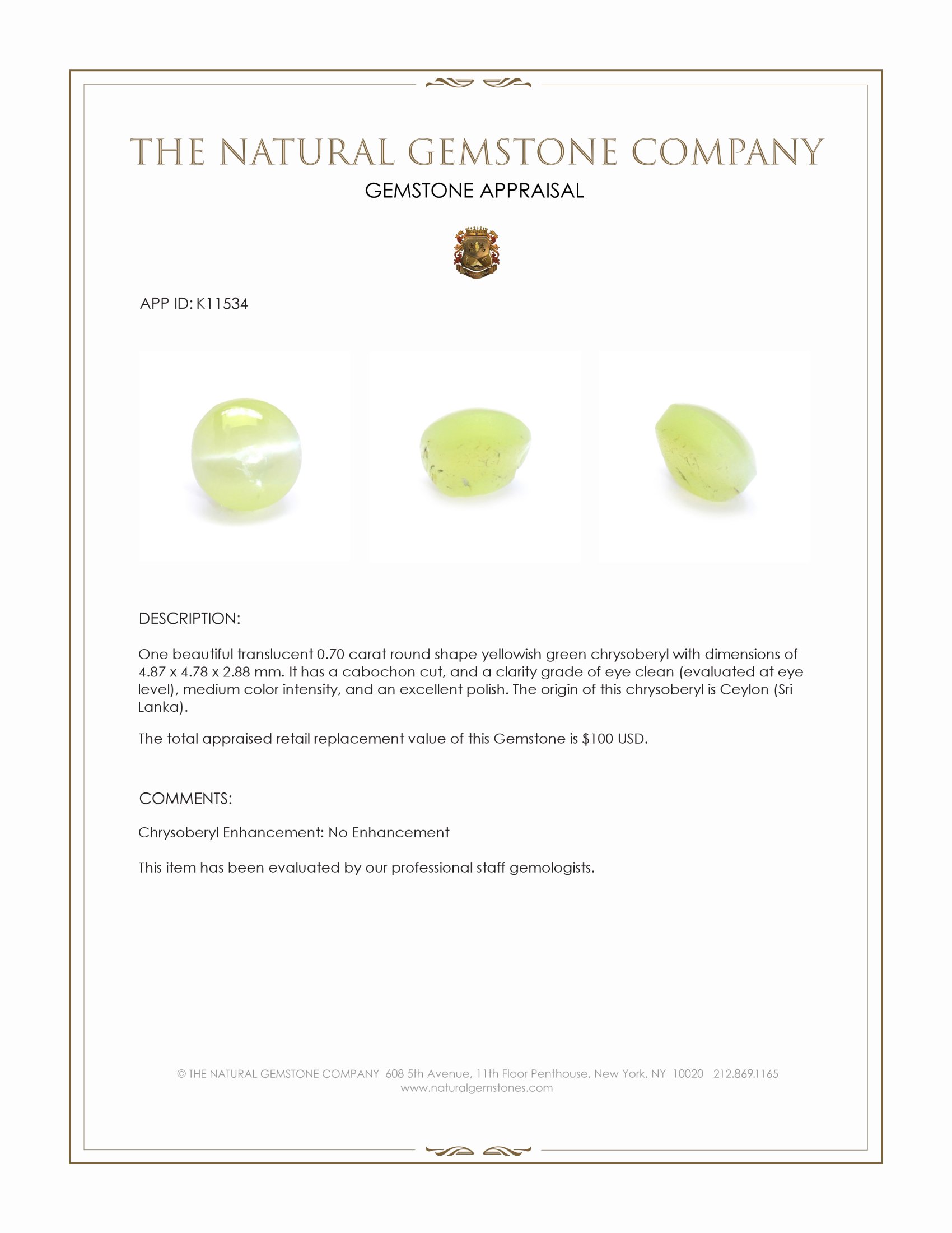 0.70 Ct. Yellowish Green Cabochon Chrysoberyl from Ceylon (Sri Lanka)