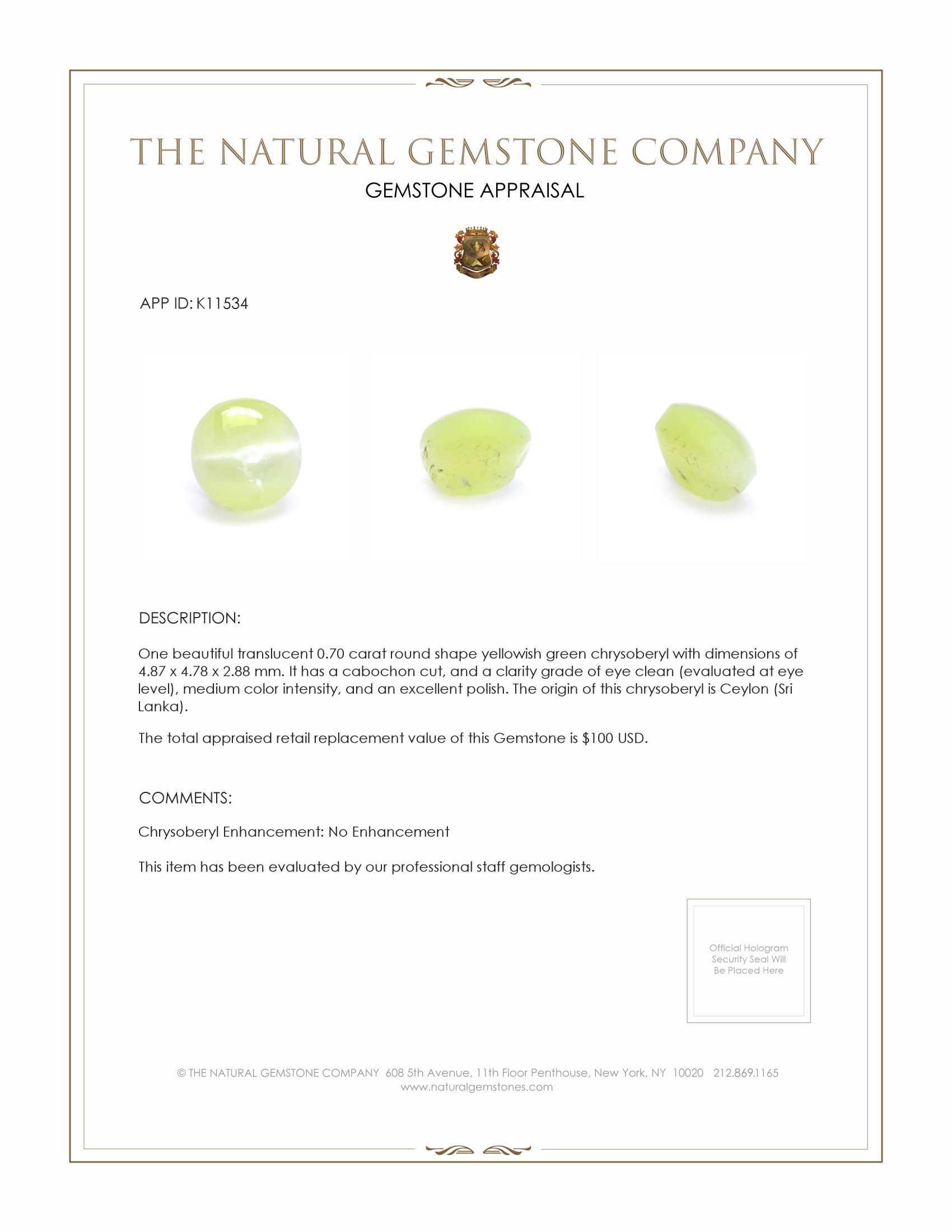 0.70 Ct. Cabochon Chrysoberyl from Ceylon (Sri Lanka)