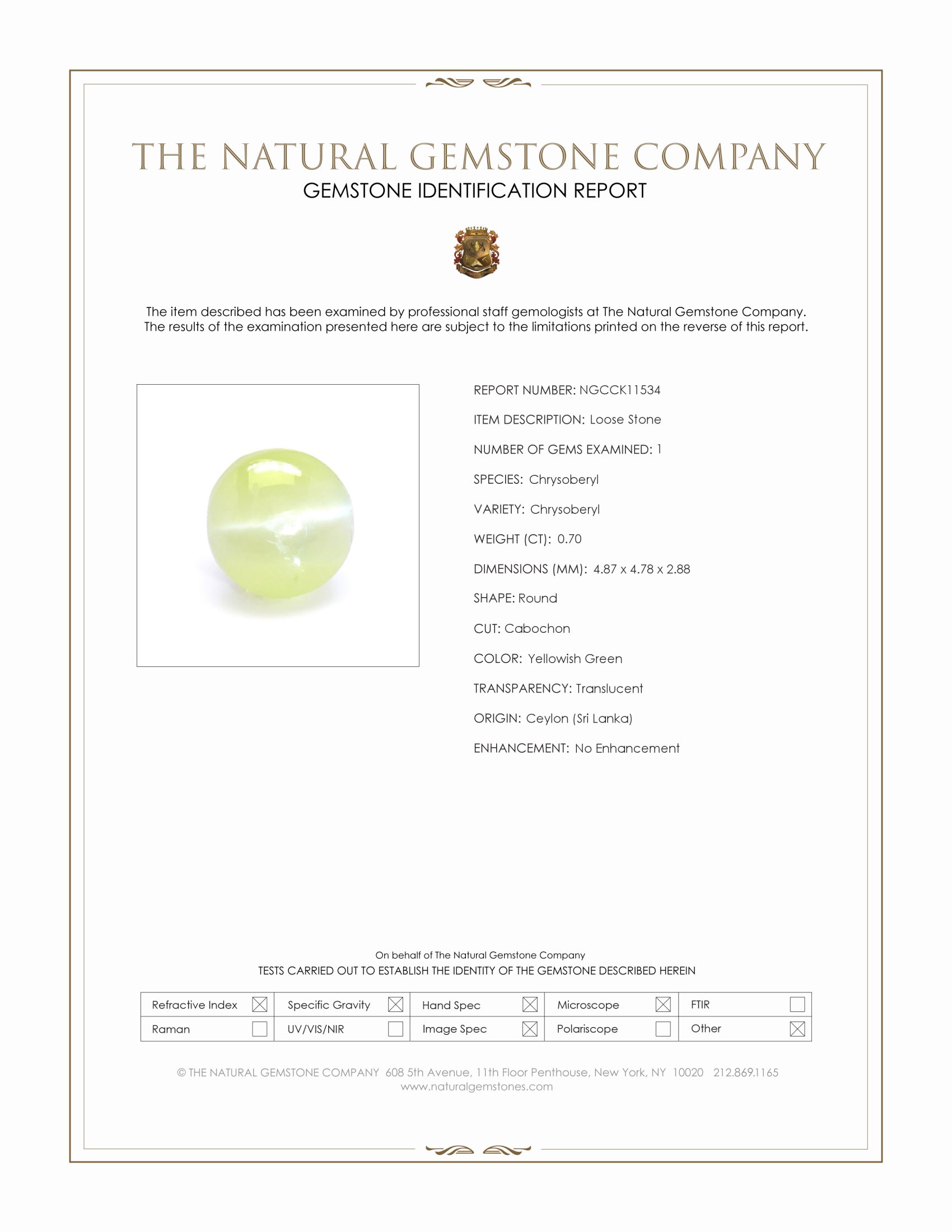 0.70 Ct. Yellowish Green Cabochon Chrysoberyl from Ceylon (Sri Lanka)