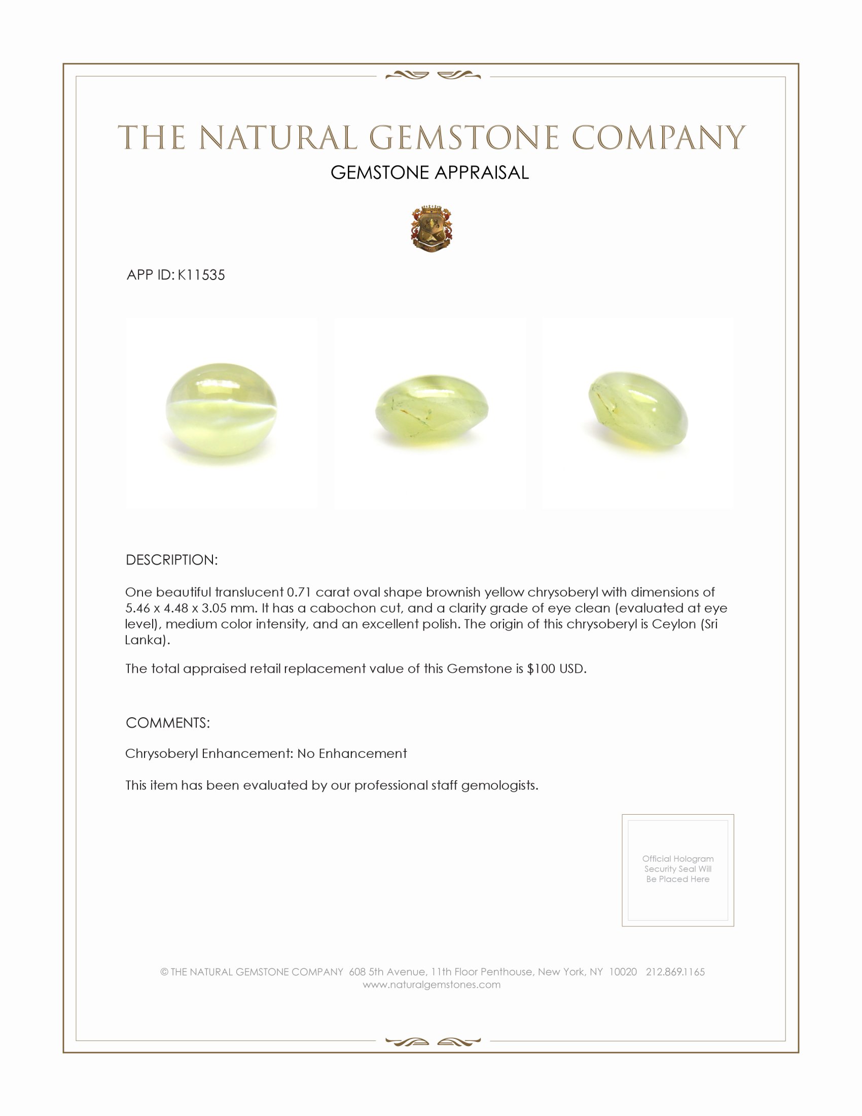 0.71 Ct. Brownish Yellow Cabochon Chrysoberyl from Ceylon (Sri Lanka)