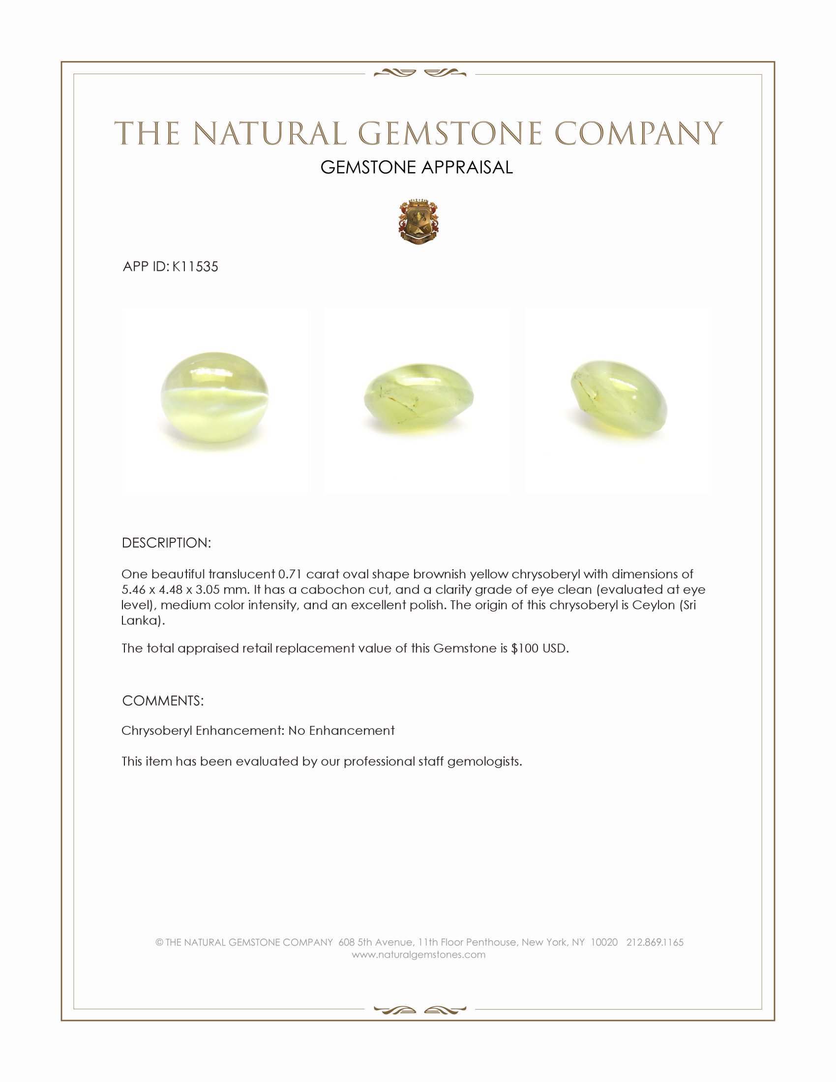 0.71 Ct. Cabochon Chrysoberyl from Ceylon (Sri Lanka)