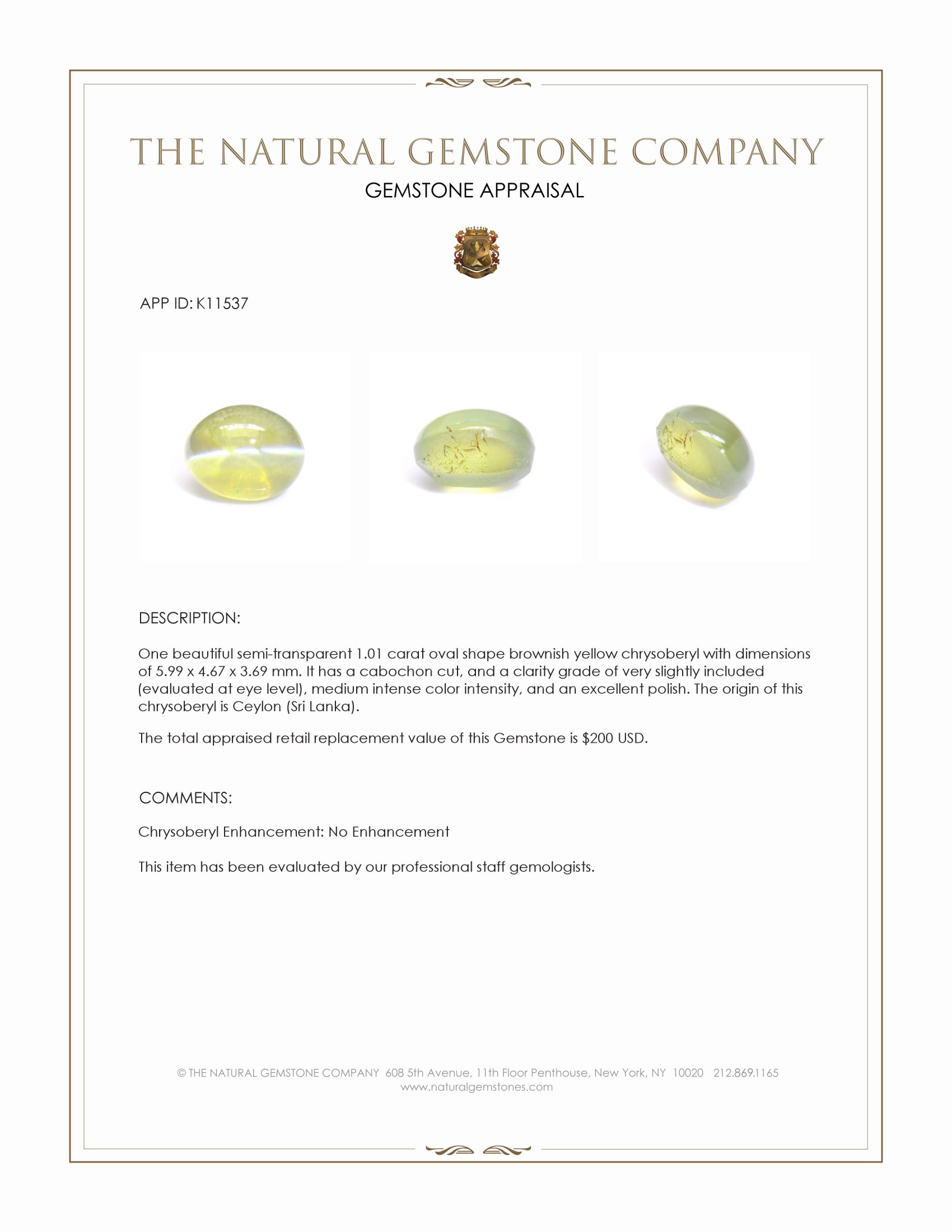 1.01 Ct. Cabochon Chrysoberyl from Ceylon (Sri Lanka)