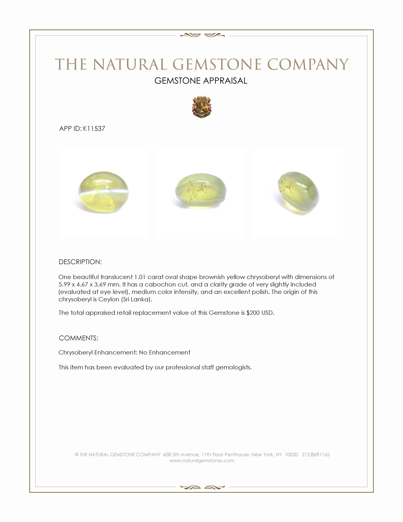 1.01 Ct. Brownish Yellow Cabochon Chrysoberyl from Ceylon (Sri Lanka)