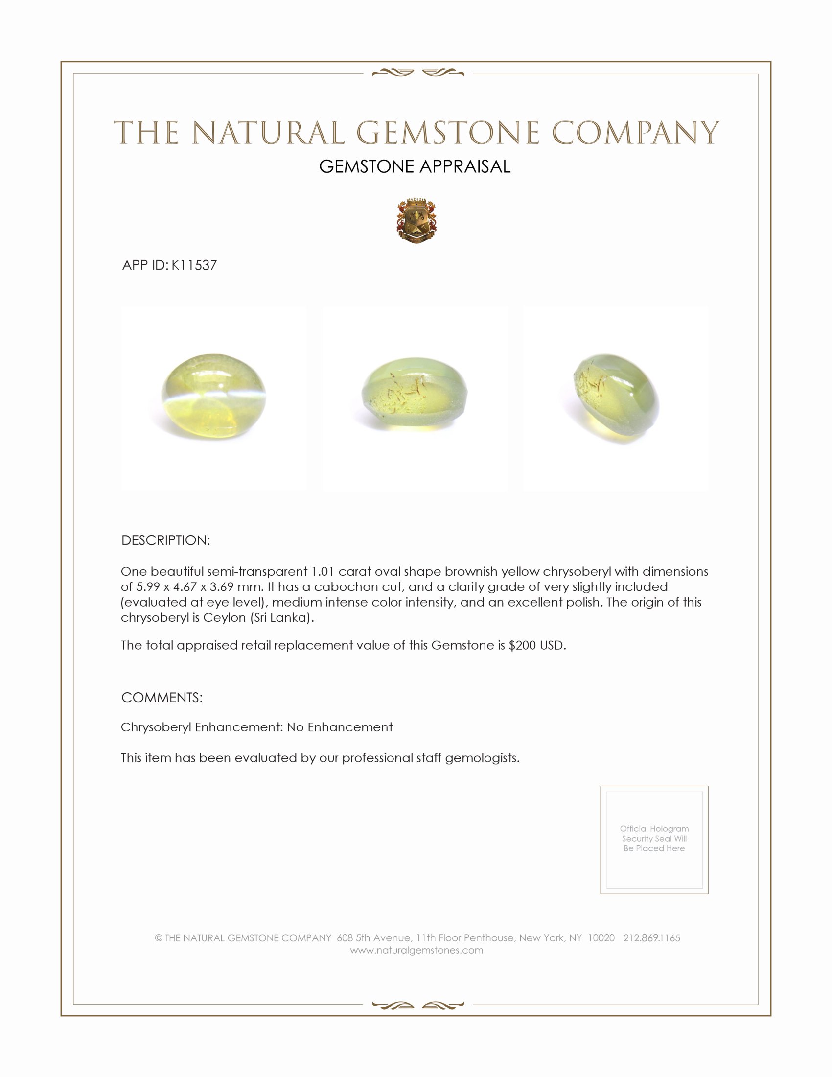 1.01 Ct. Cabochon Chrysoberyl from Ceylon (Sri Lanka)