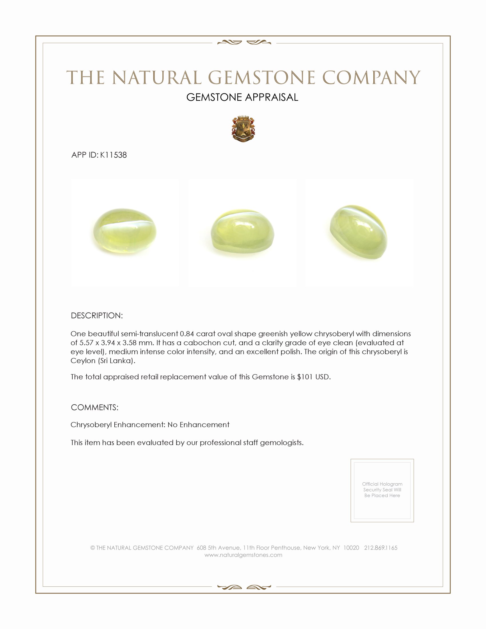 0.84 Ct. Greenish Yellow Cabochon Chrysoberyl from Ceylon (Sri Lanka)