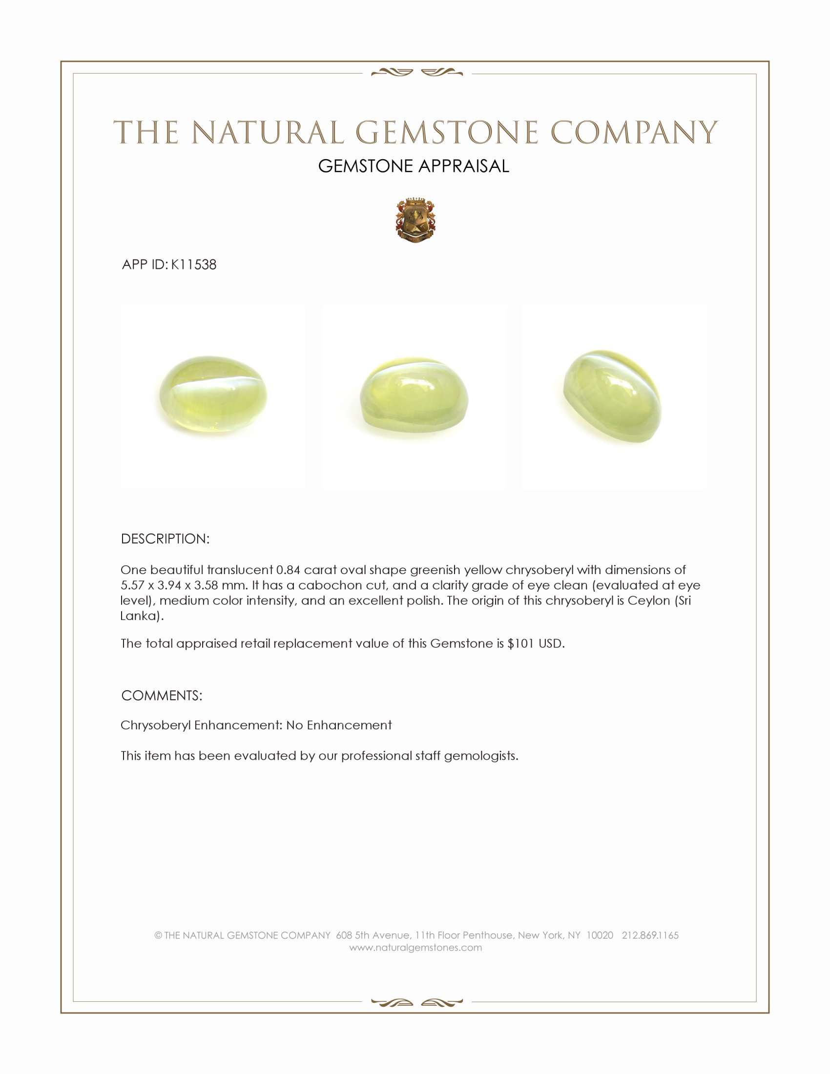 0.84 Ct. Cabochon Chrysoberyl from Ceylon (Sri Lanka)