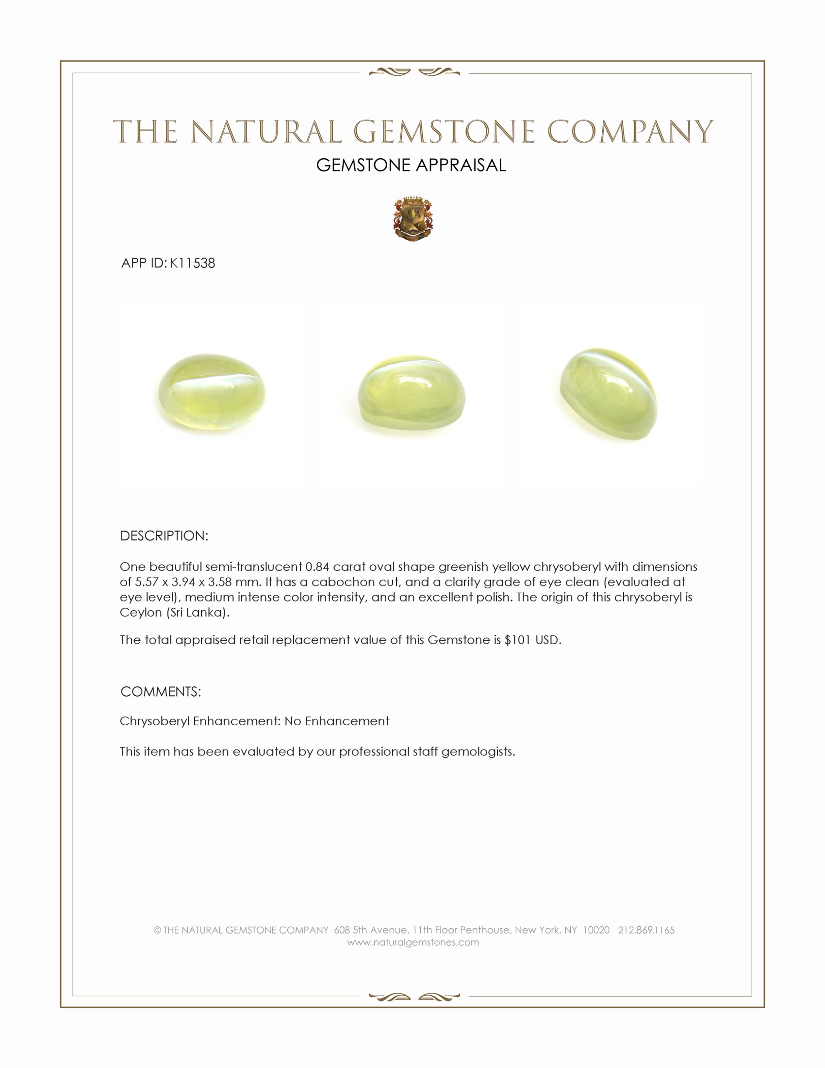 0.84 Ct. Cabochon Chrysoberyl from Ceylon (Sri Lanka)