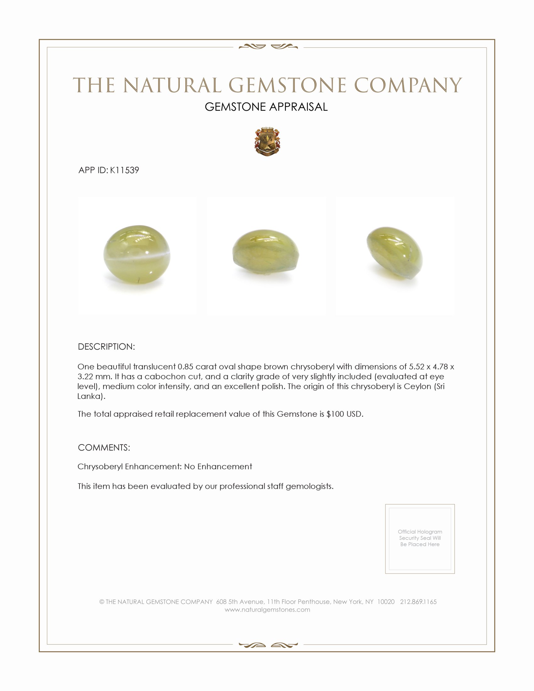 0.85 Ct. Cabochon Chrysoberyl from Ceylon (Sri Lanka)