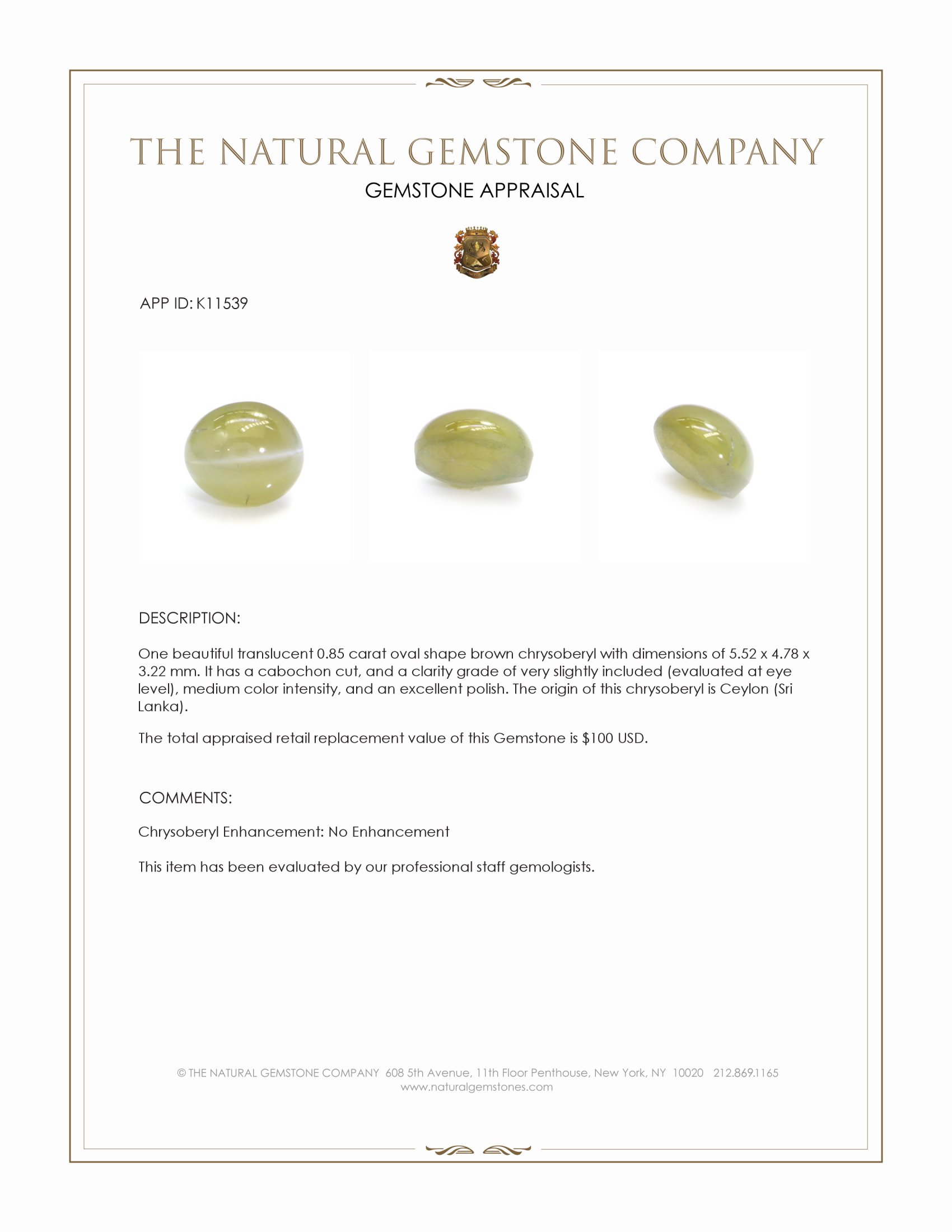 0.85 Ct. Cabochon Chrysoberyl from Ceylon (Sri Lanka)