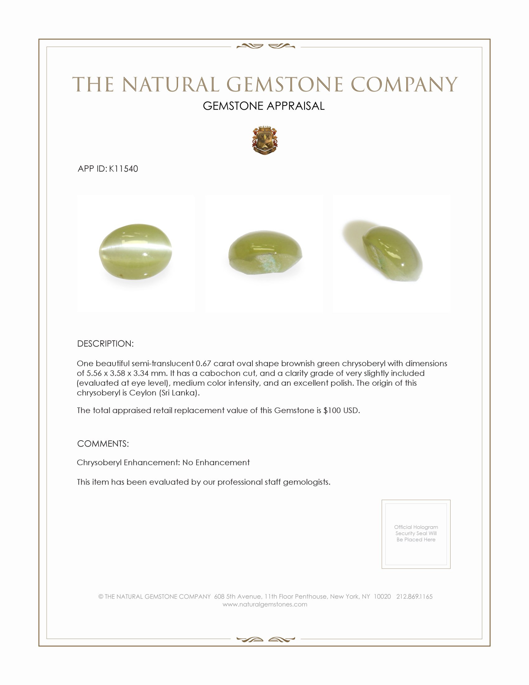0.67 Ct. Cabochon Chrysoberyl from Ceylon (Sri Lanka)