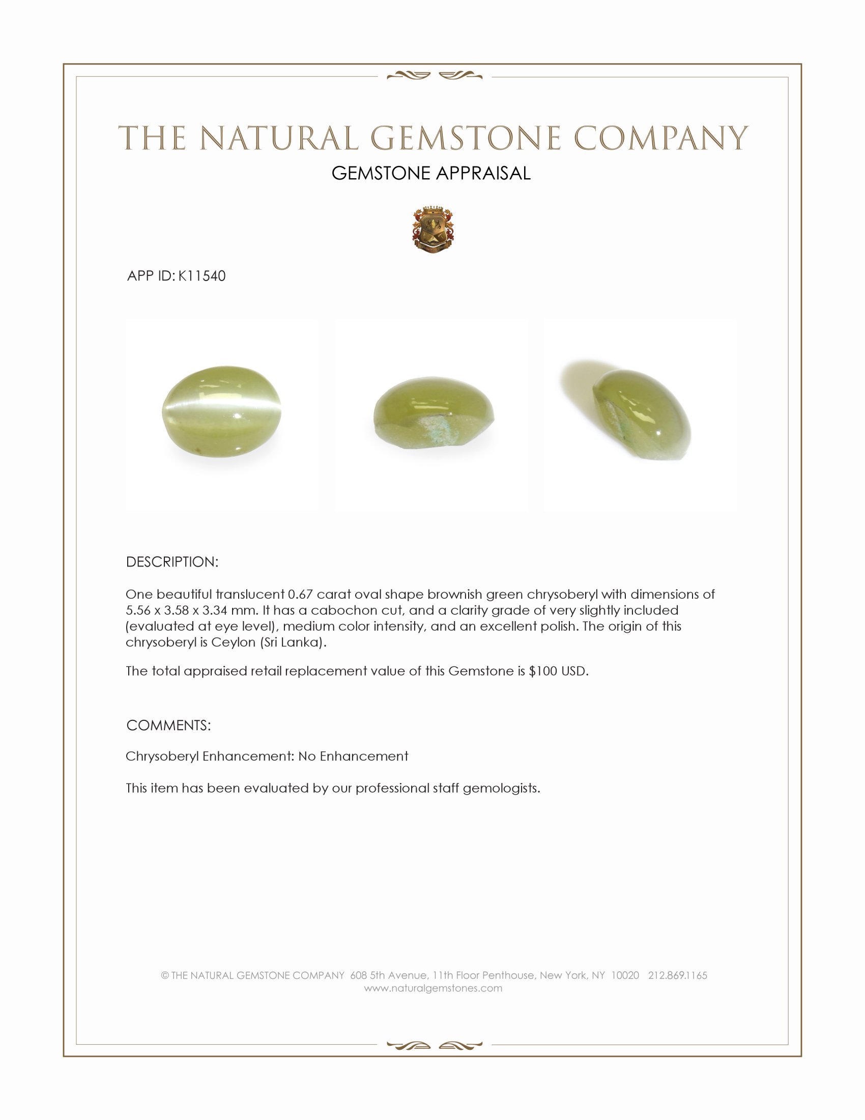 0.67 Ct. Brownish Green Cabochon Chrysoberyl from Ceylon (Sri Lanka)