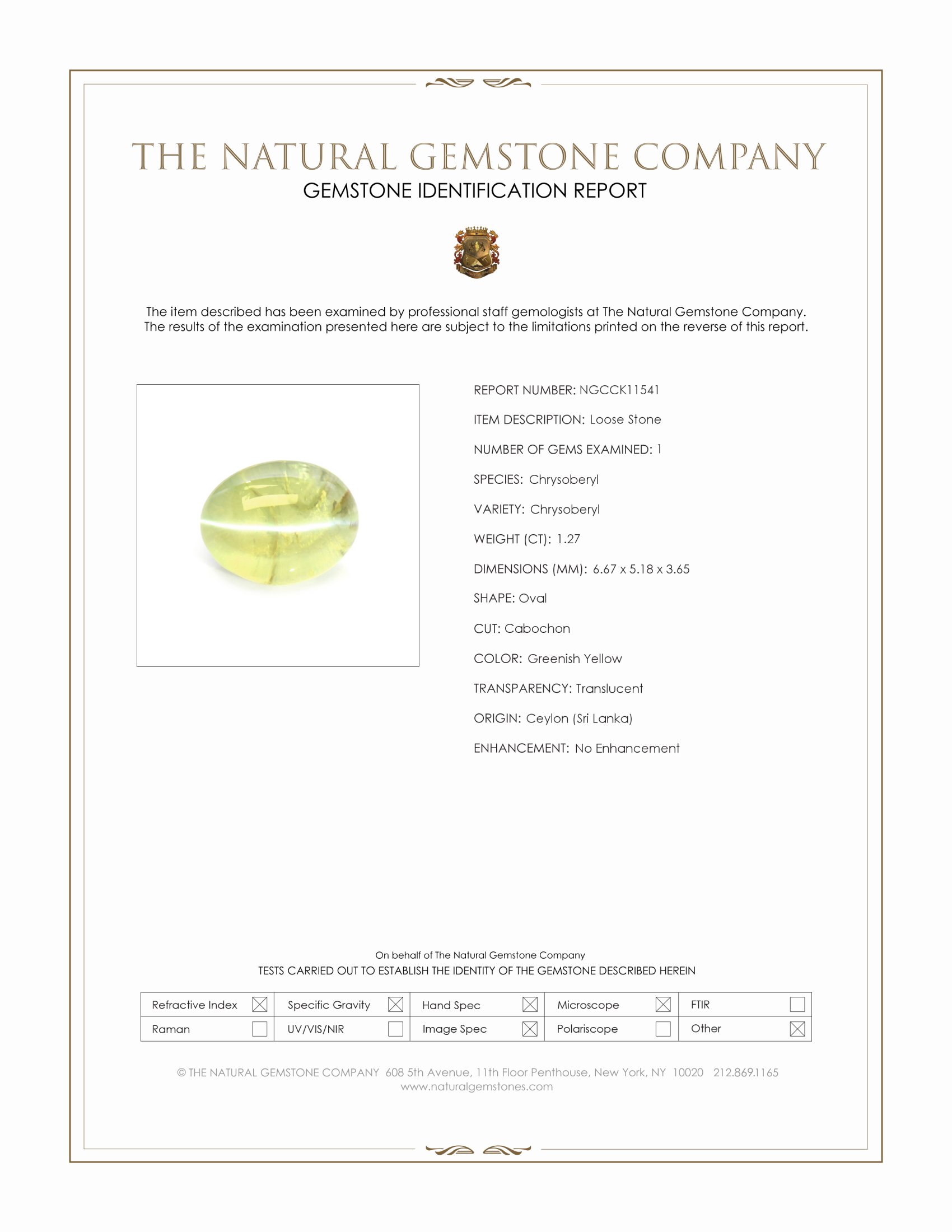 1.27 Ct. Greenish Yellow Cabochon Chrysoberyl from Ceylon (Sri Lanka)