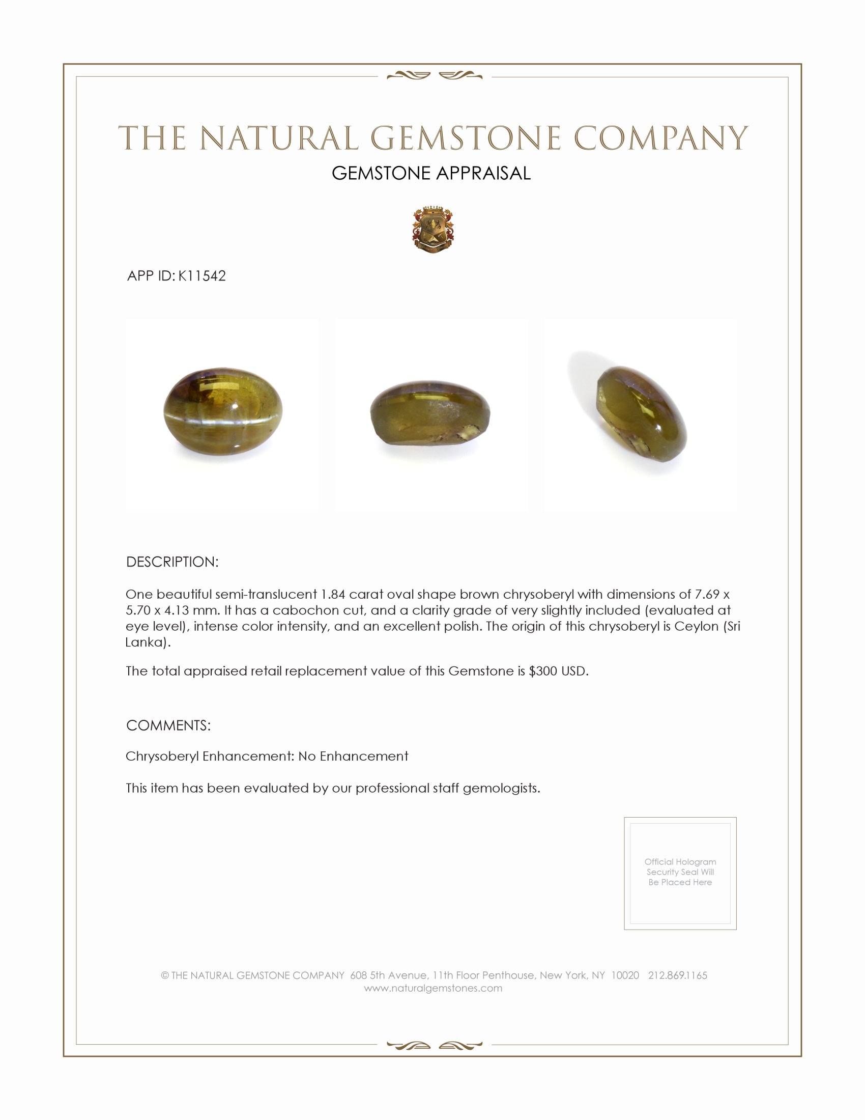 1.84 Ct. Cabochon Chrysoberyl from Ceylon (Sri Lanka)