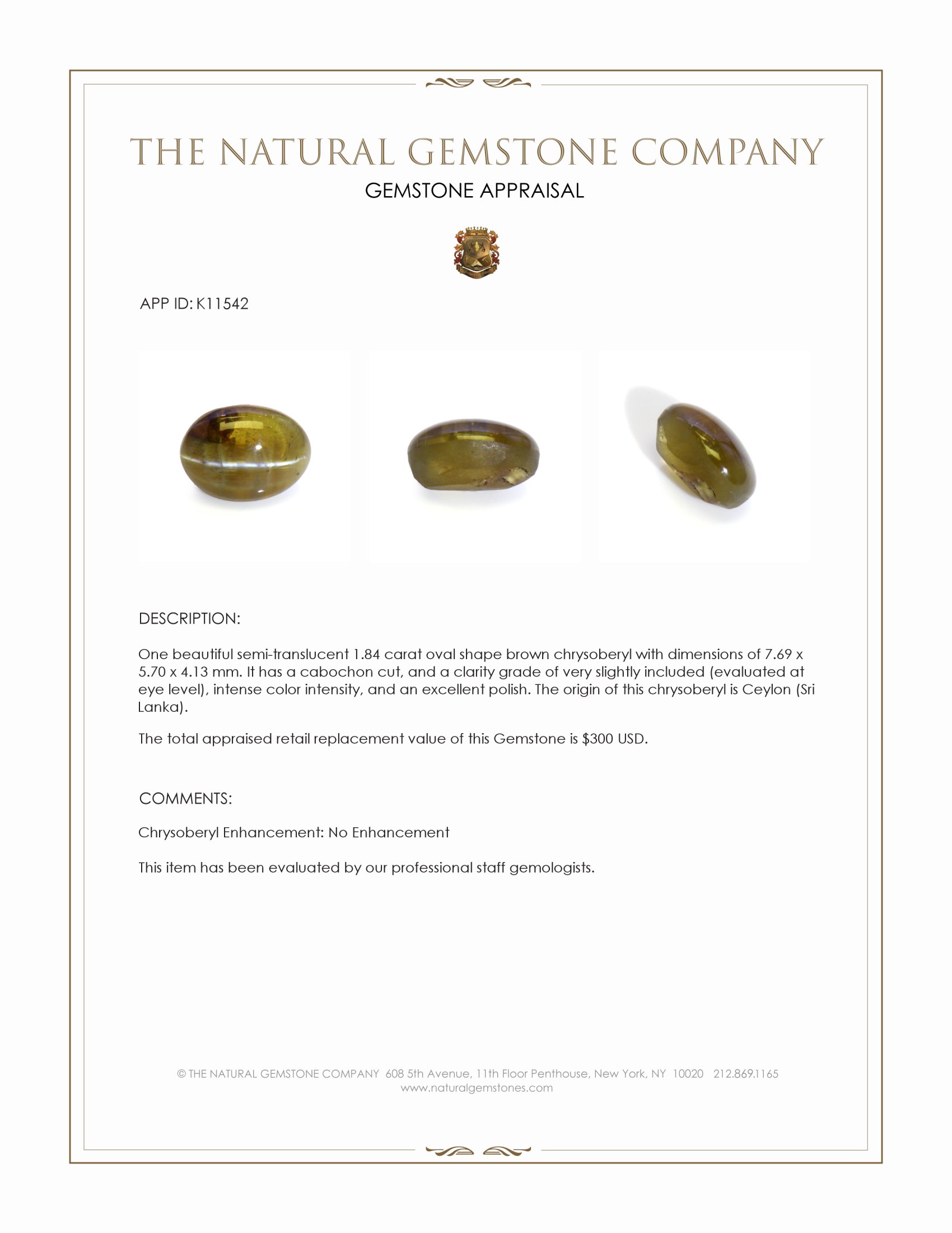 1.84 Ct. Cabochon Chrysoberyl from Ceylon (Sri Lanka)