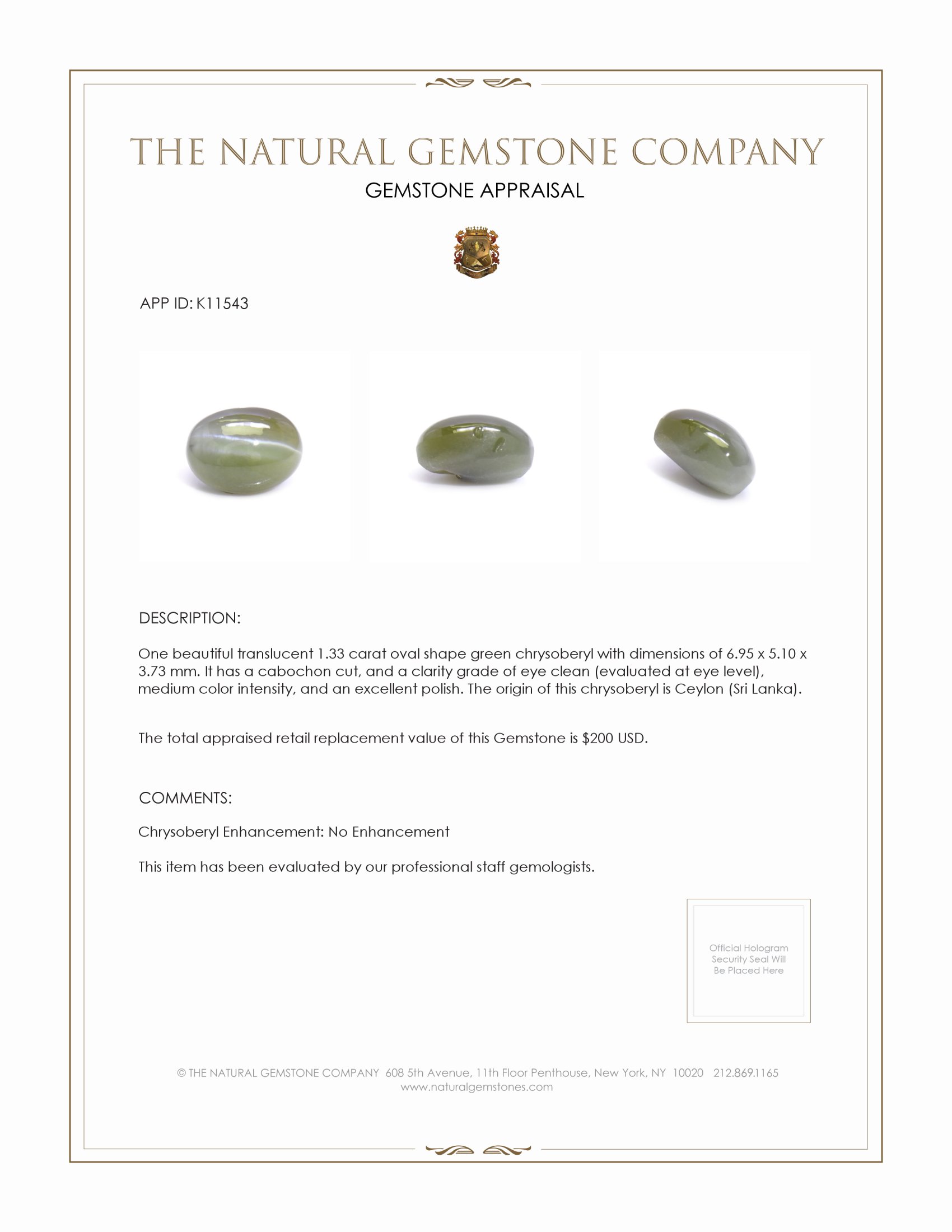 1.33 Ct. Cabochon Chrysoberyl from Ceylon (Sri Lanka)