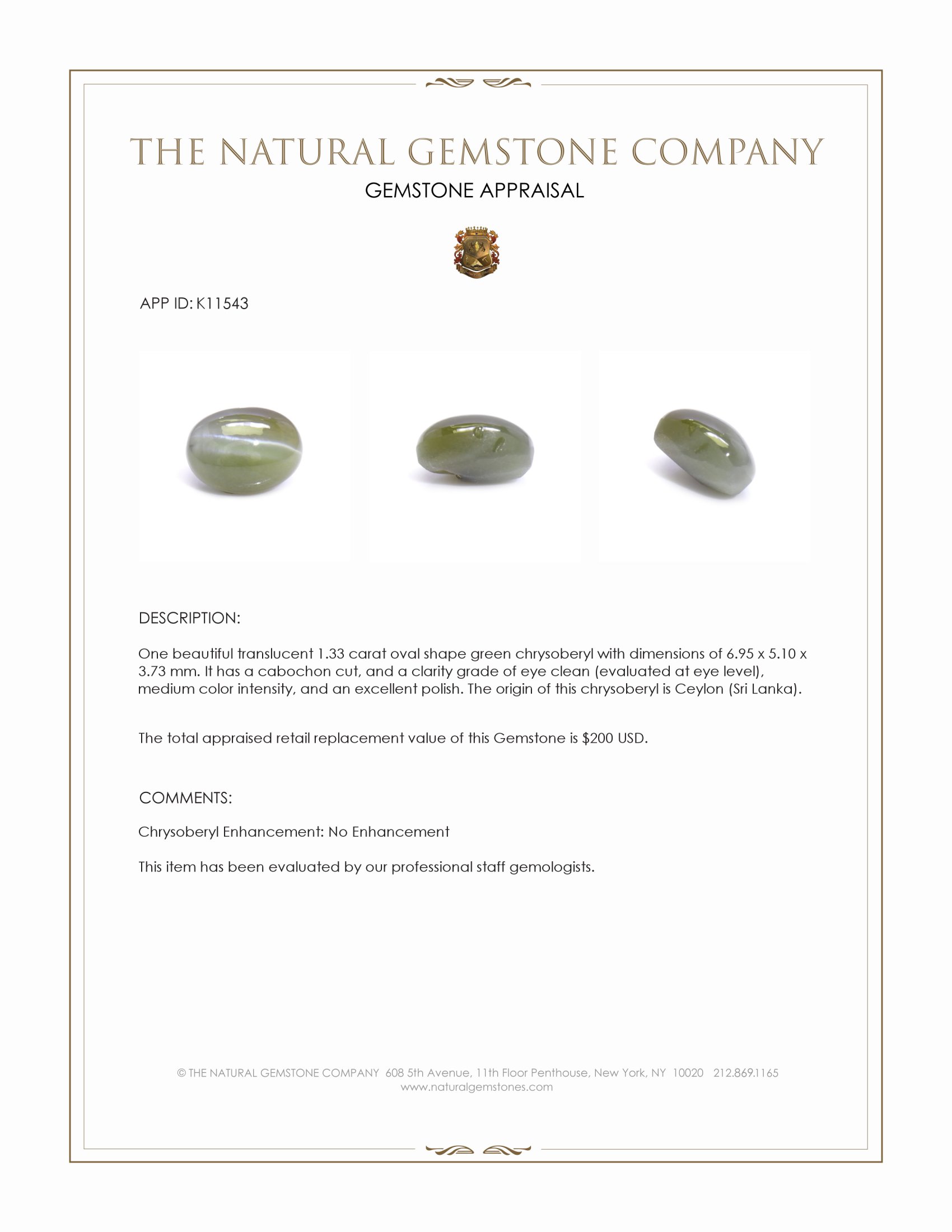 1.33 Ct. Green Cabochon Chrysoberyl from Ceylon (Sri Lanka)