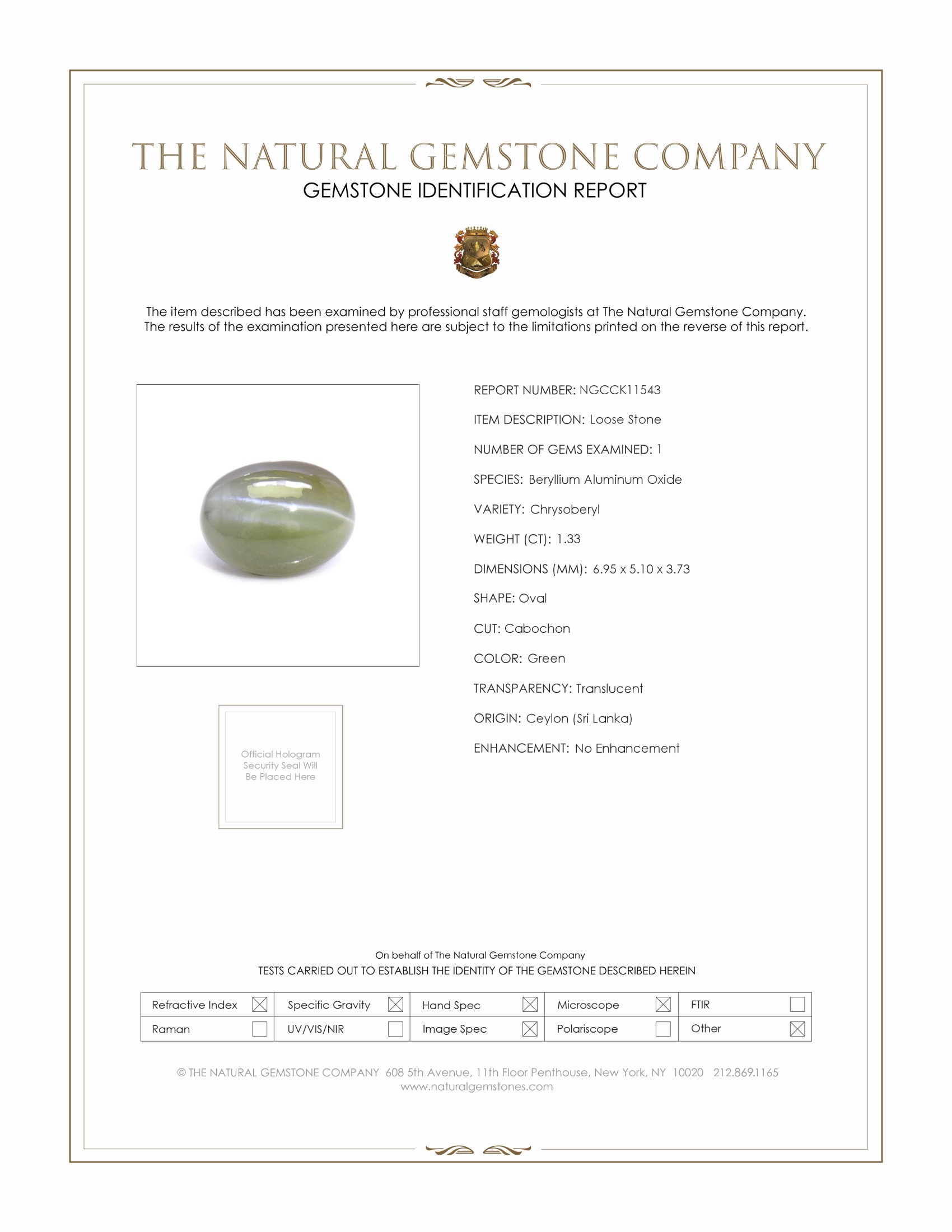 1.33 Ct. Green Cabochon Chrysoberyl from Ceylon (Sri Lanka)