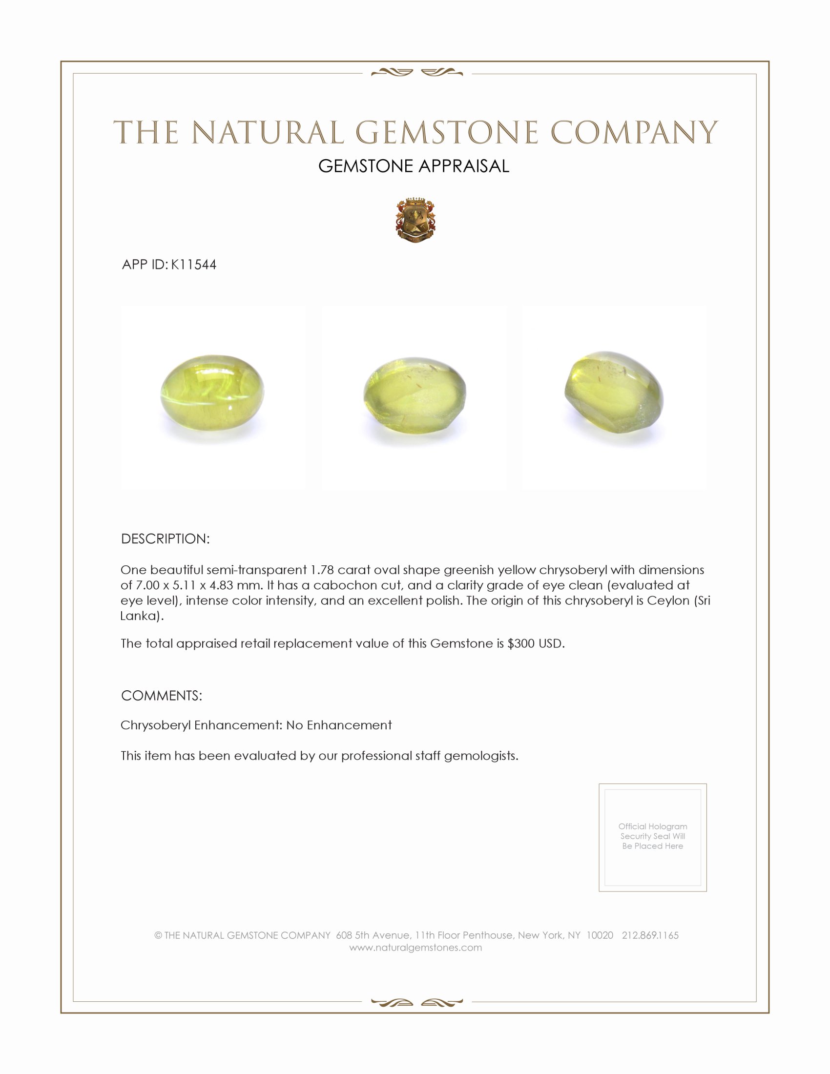 1.78 Ct. Cabochon Chrysoberyl from Ceylon (Sri Lanka)