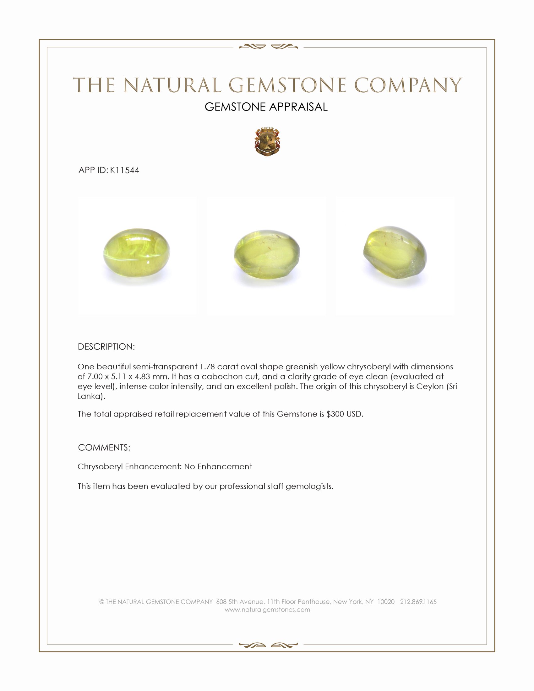 1.78 Ct. Cabochon Chrysoberyl from Ceylon (Sri Lanka)