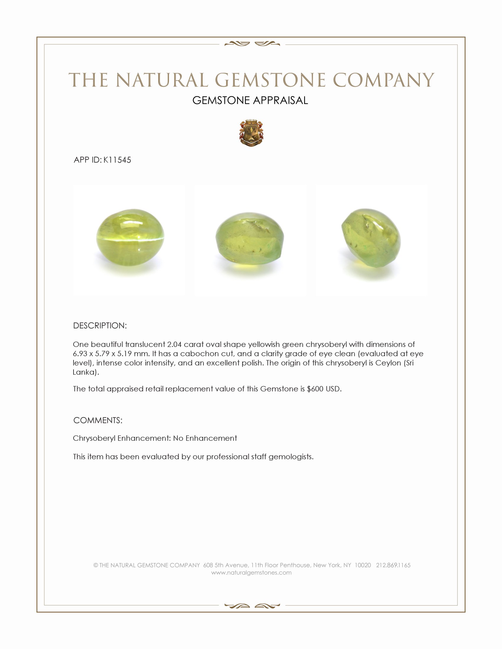 2.04 Ct. Yellowish Green Cabochon Chrysoberyl from Ceylon (Sri Lanka)