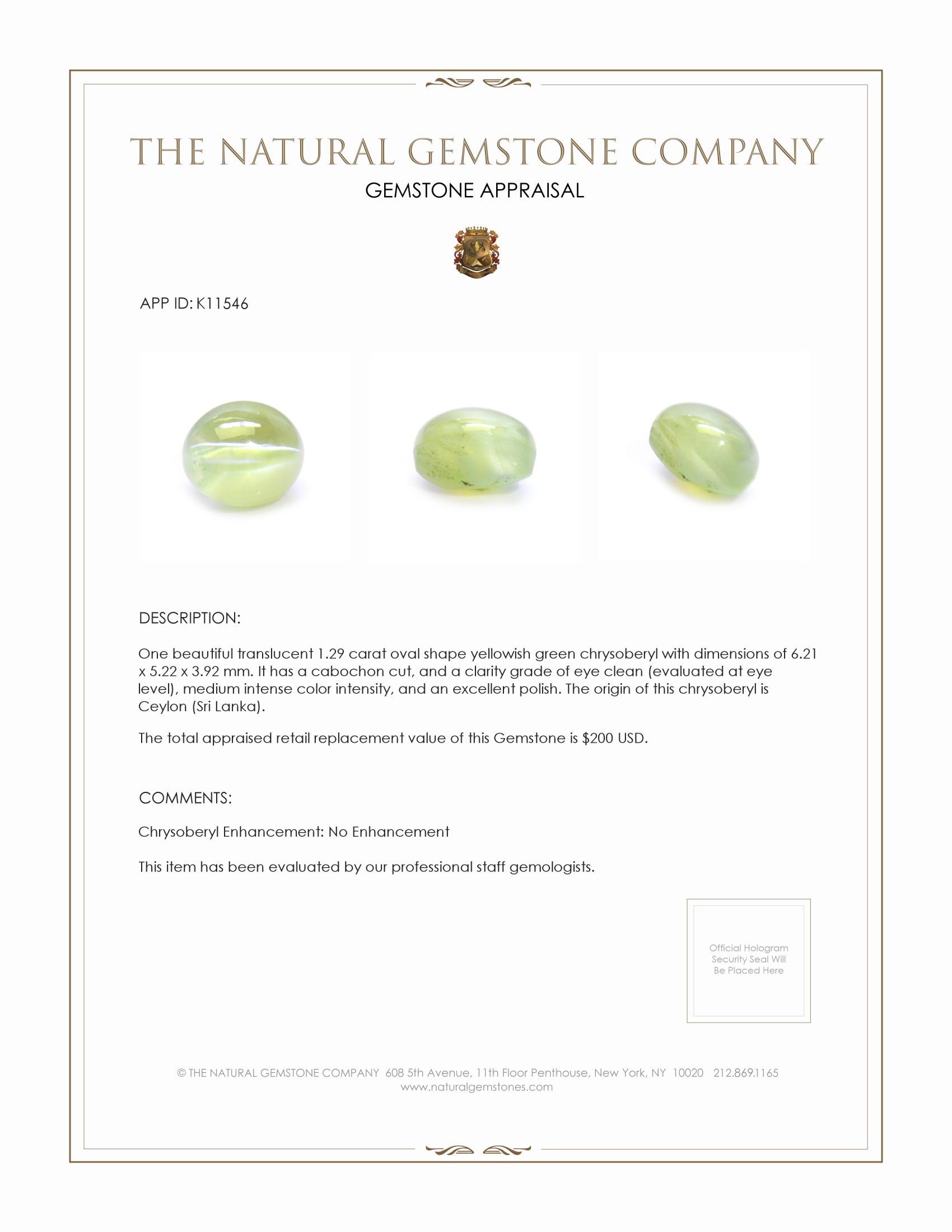 1.29 Ct. Cabochon Chrysoberyl from Ceylon (Sri Lanka)