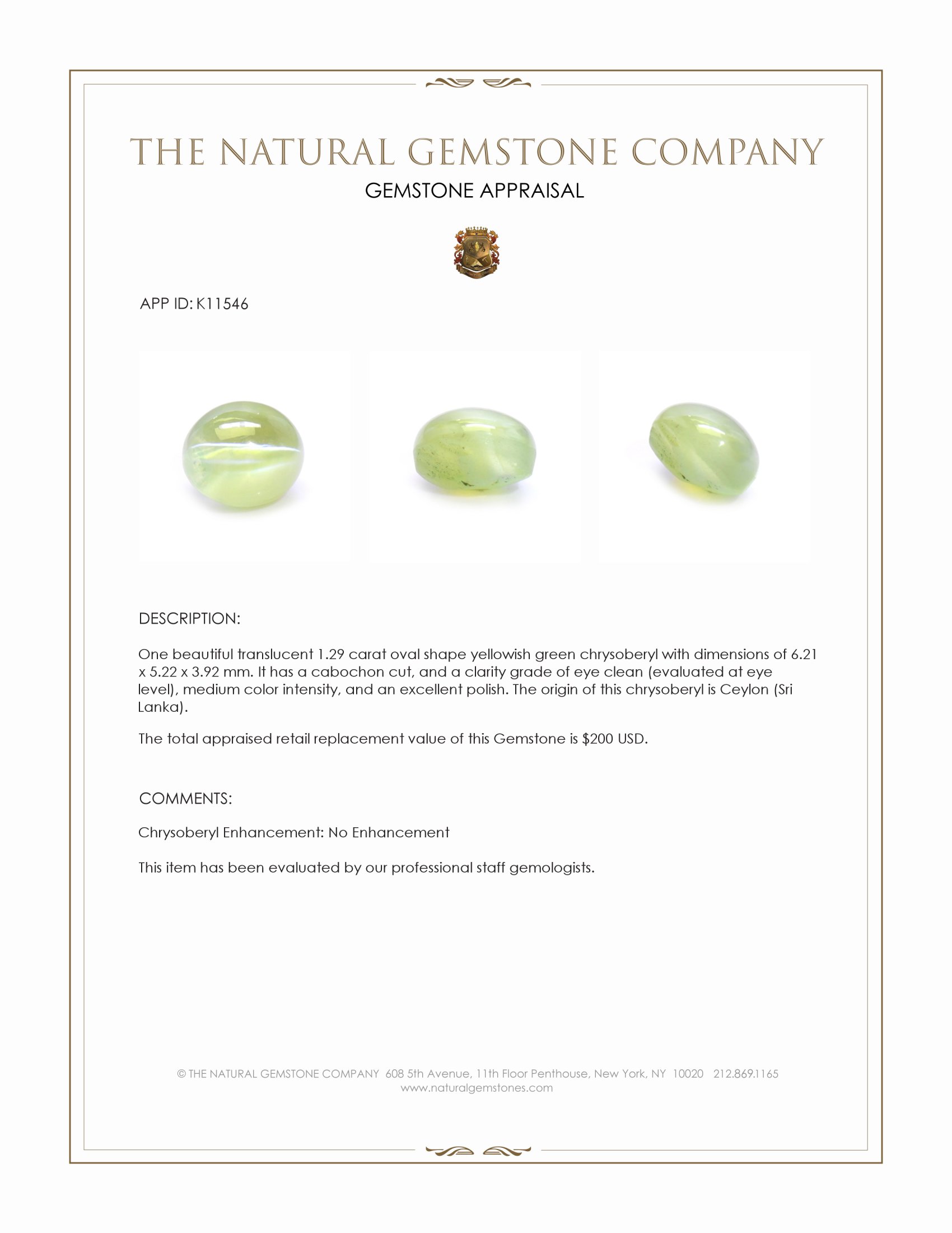 1.29 Ct. Yellowish Green Cabochon Chrysoberyl from Ceylon (Sri Lanka)